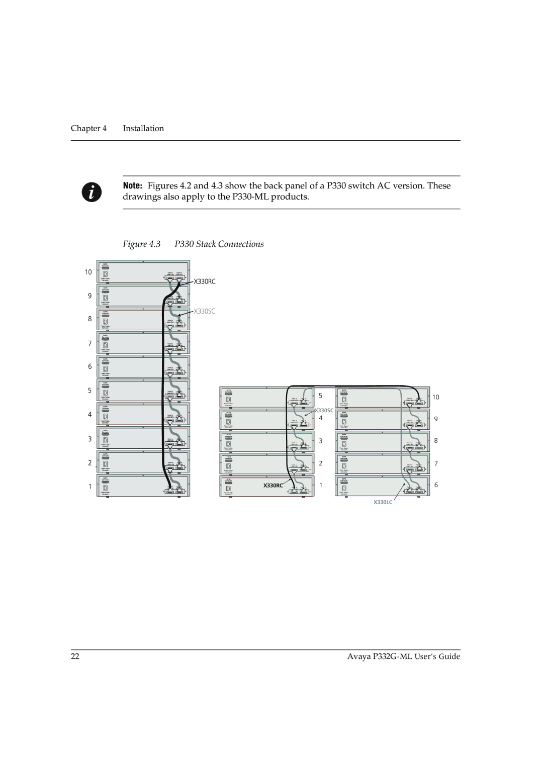 Avaya P332G-ML manual P330 Stack Connections 