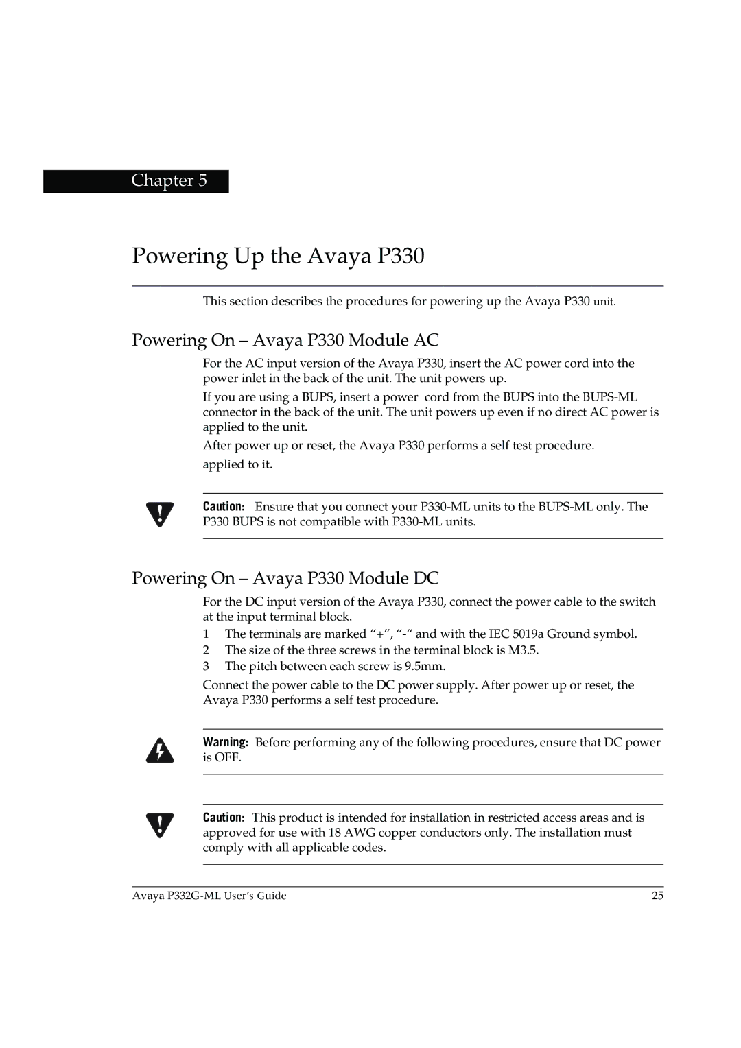 Avaya P332G-ML manual Powering Up the Avaya P330, Powering On Avaya P330 Module AC, Powering On Avaya P330 Module DC 