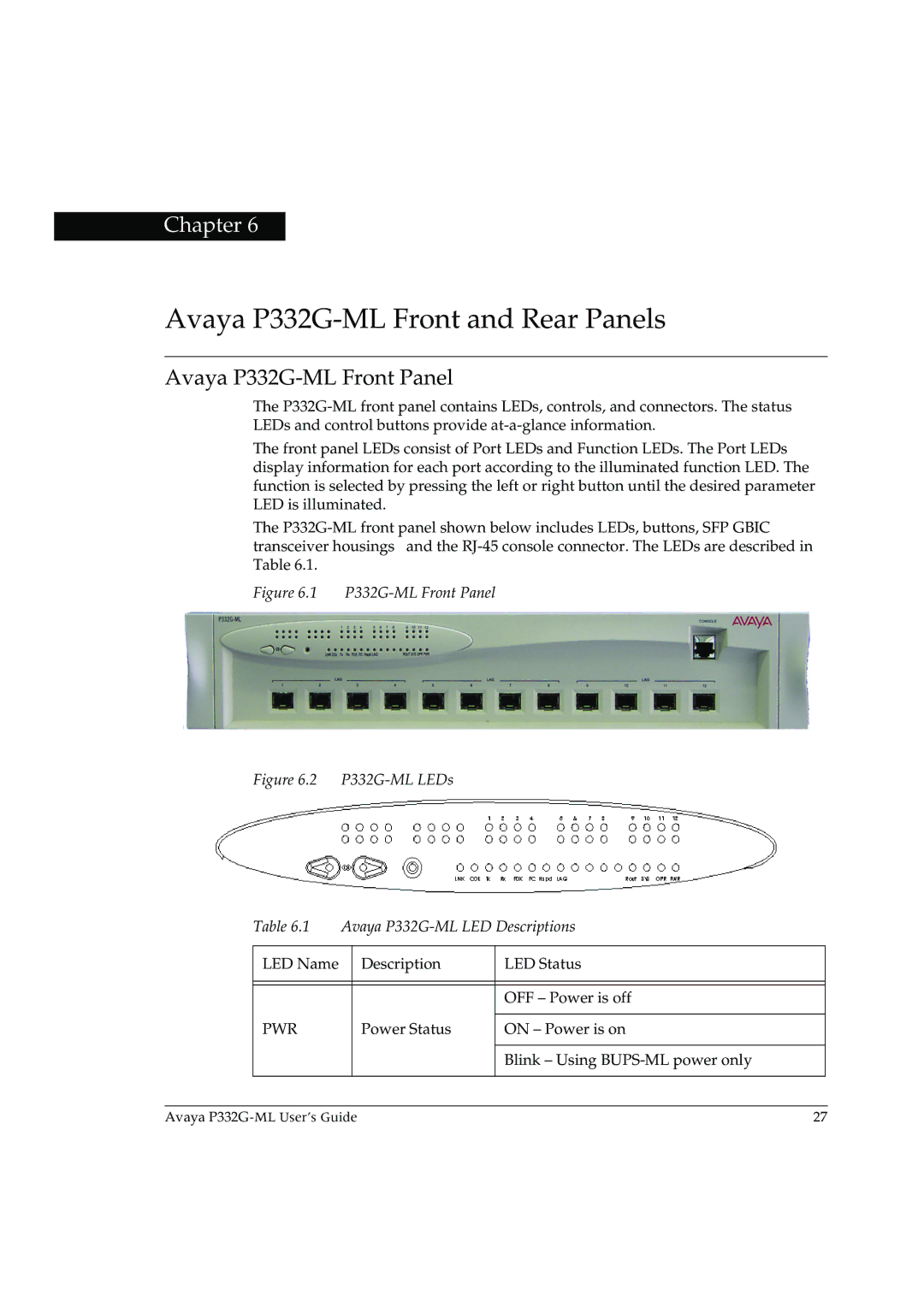 Avaya manual Avaya P332G-ML Front and Rear Panels, Avaya P332G-ML Front Panel 