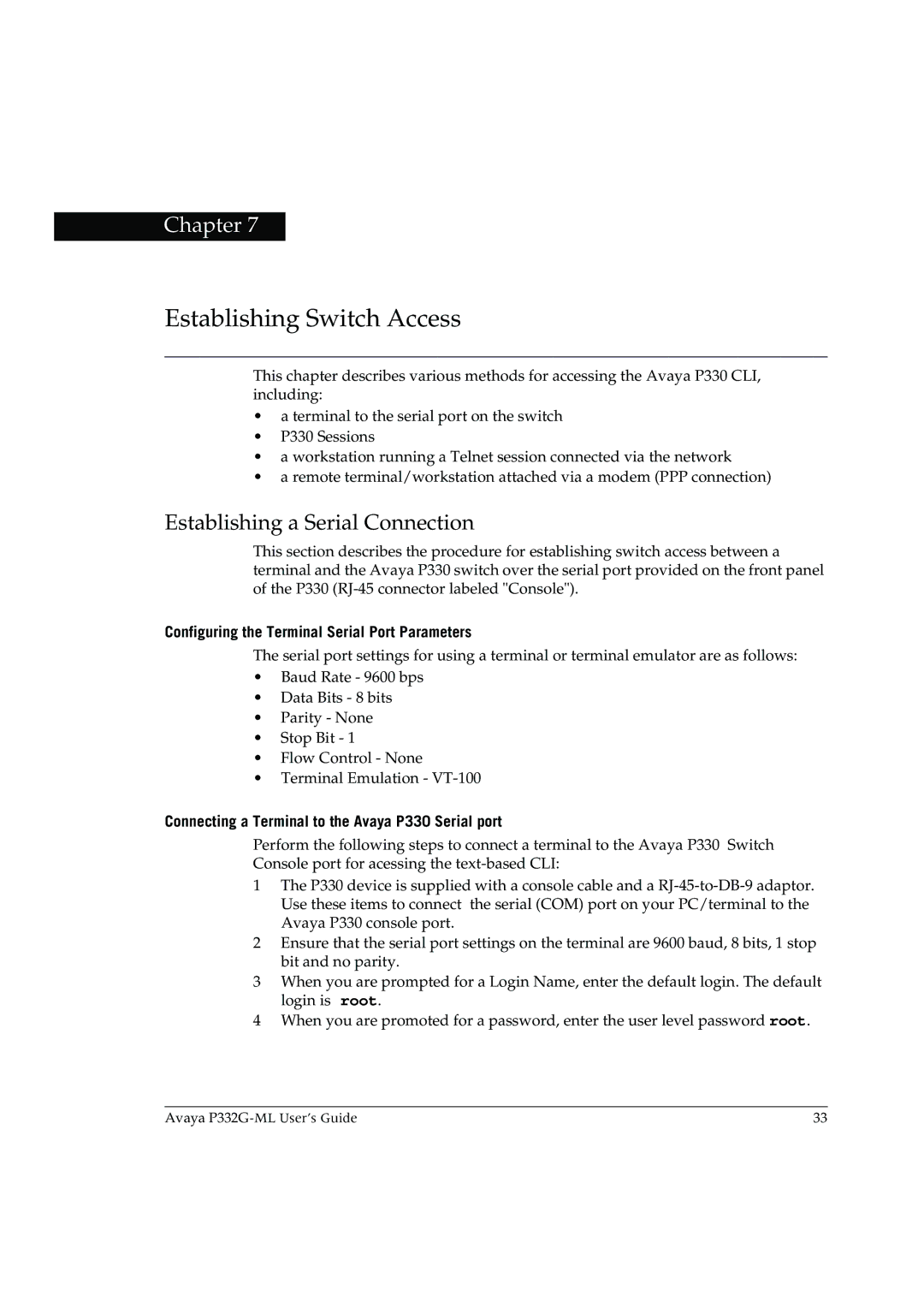 Avaya P332G-ML manual Establishing a Serial Connection, Configuring the Terminal Serial Port Parameters 