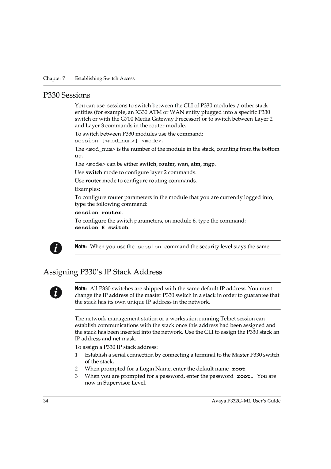 Avaya P332G-ML manual P330 Sessions, Assigning P330’s IP Stack Address 