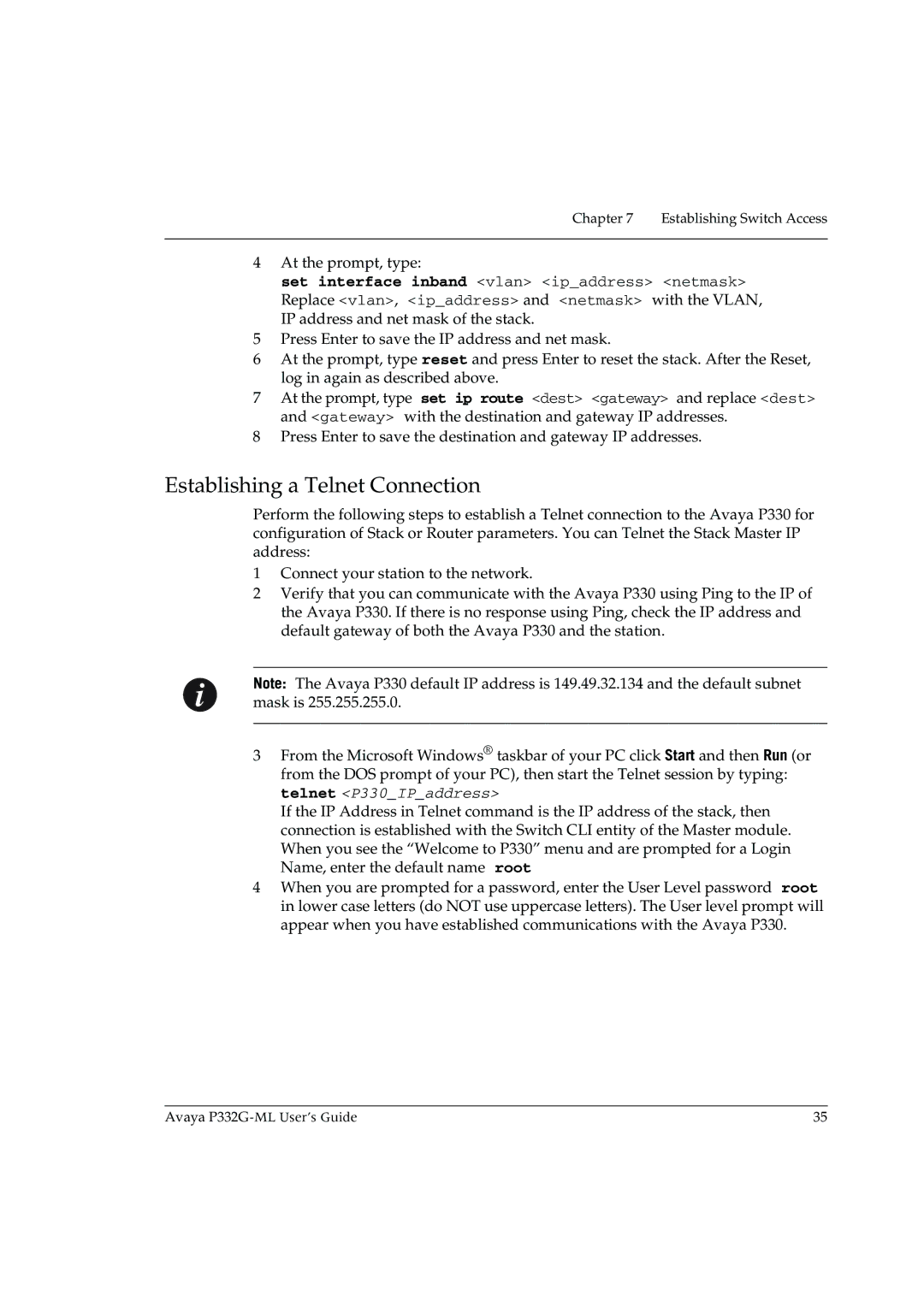 Avaya P332G-ML manual Establishing a Telnet Connection, At the prompt, type 