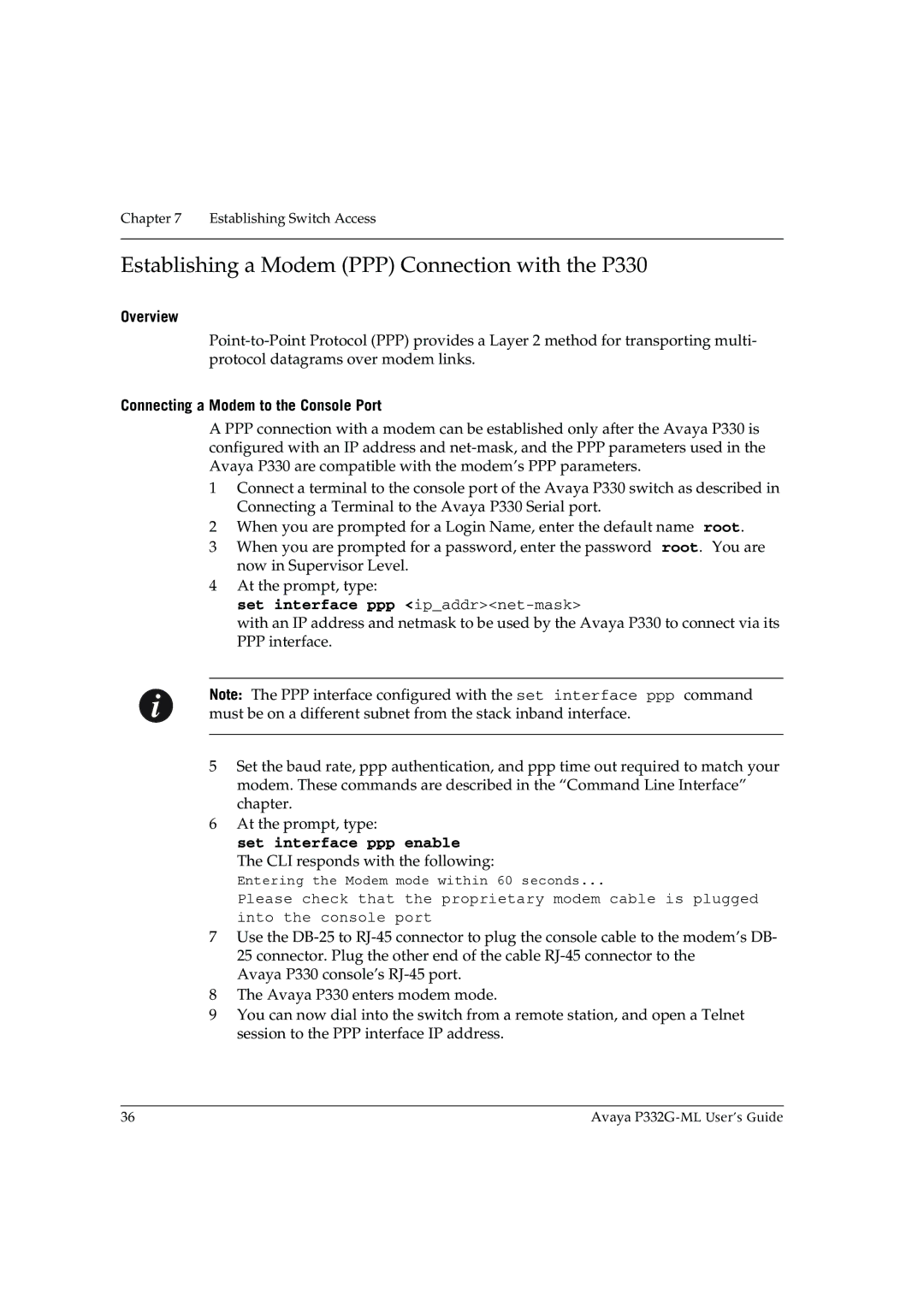 Avaya P332G-ML manual Establishing a Modem PPP Connection with the P330, Overview, Connecting a Modem to the Console Port 