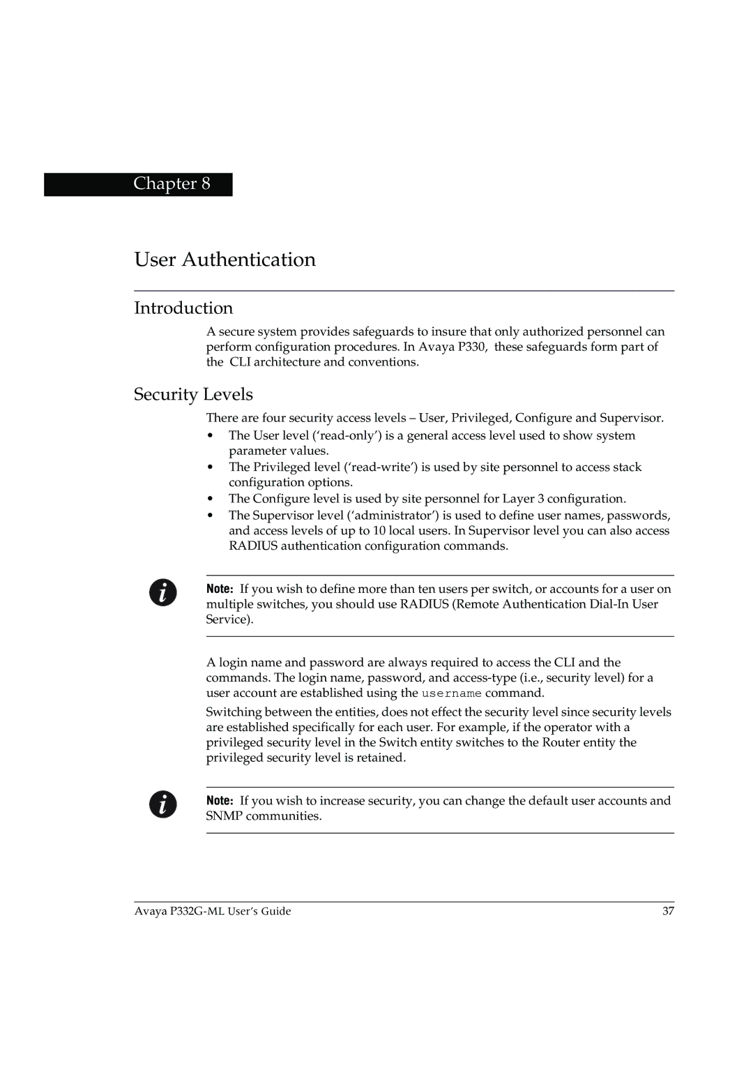 Avaya P332G-ML manual User Authentication, Security Levels 