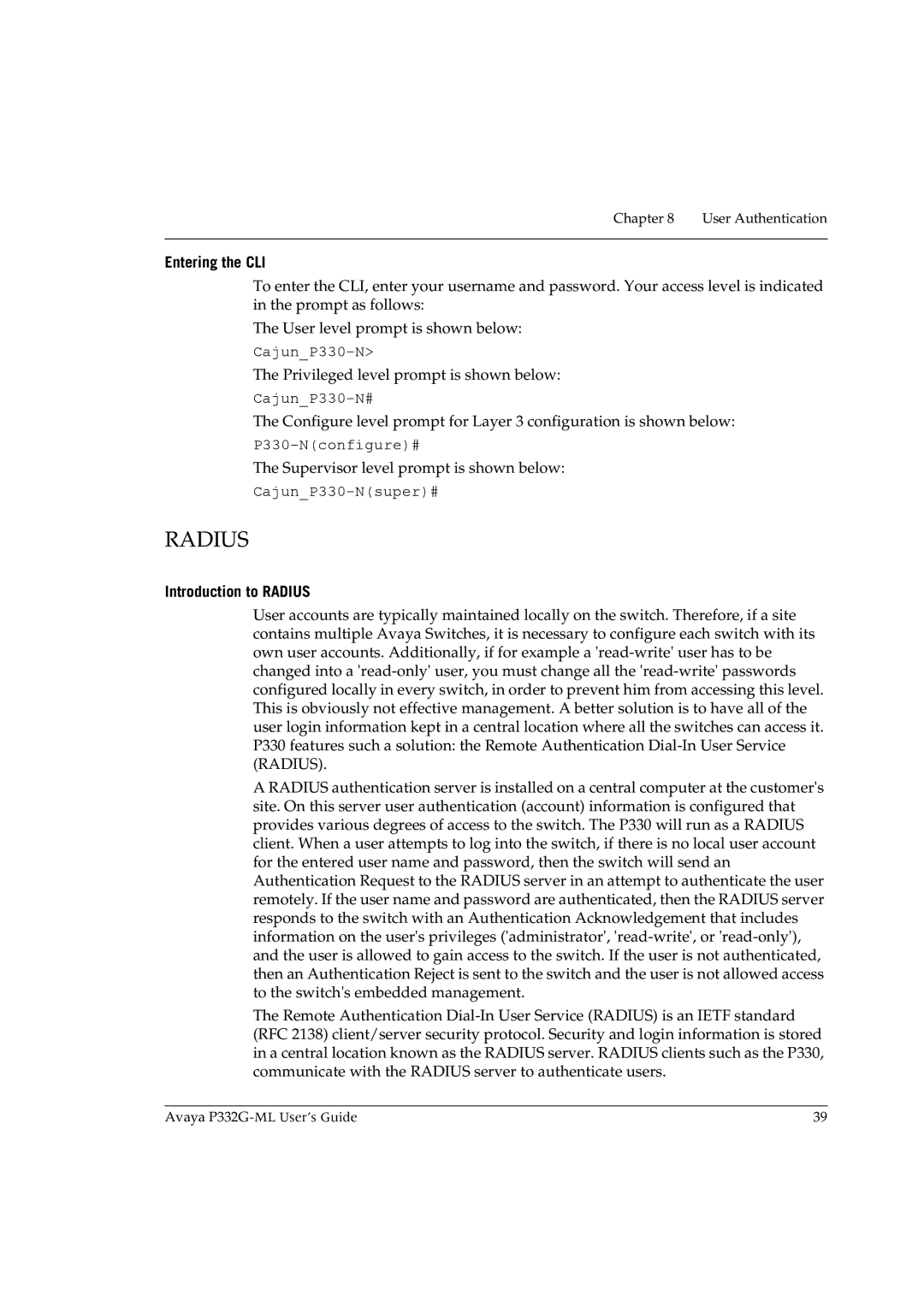 Avaya P332G-ML manual Entering the CLI, Introduction to Radius 