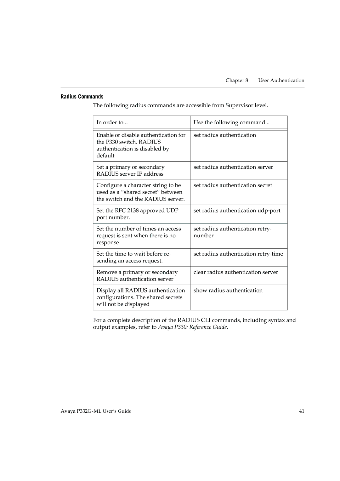 Avaya P332G-ML manual Radius Commands 