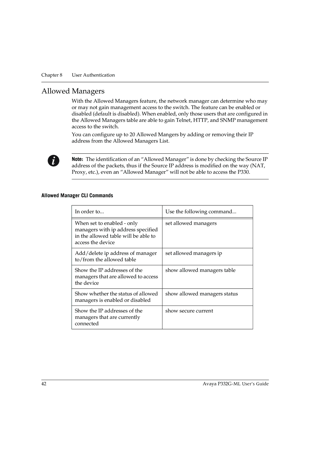 Avaya P332G-ML manual Allowed Managers, Allowed Manager CLI Commands 