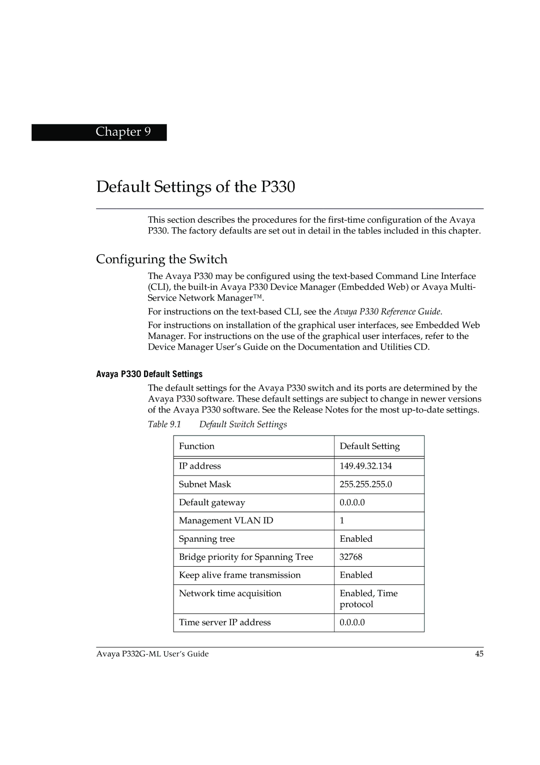 Avaya P332G-ML manual Default Settings of the P330, Configuring the Switch, Avaya P330 Default Settings 