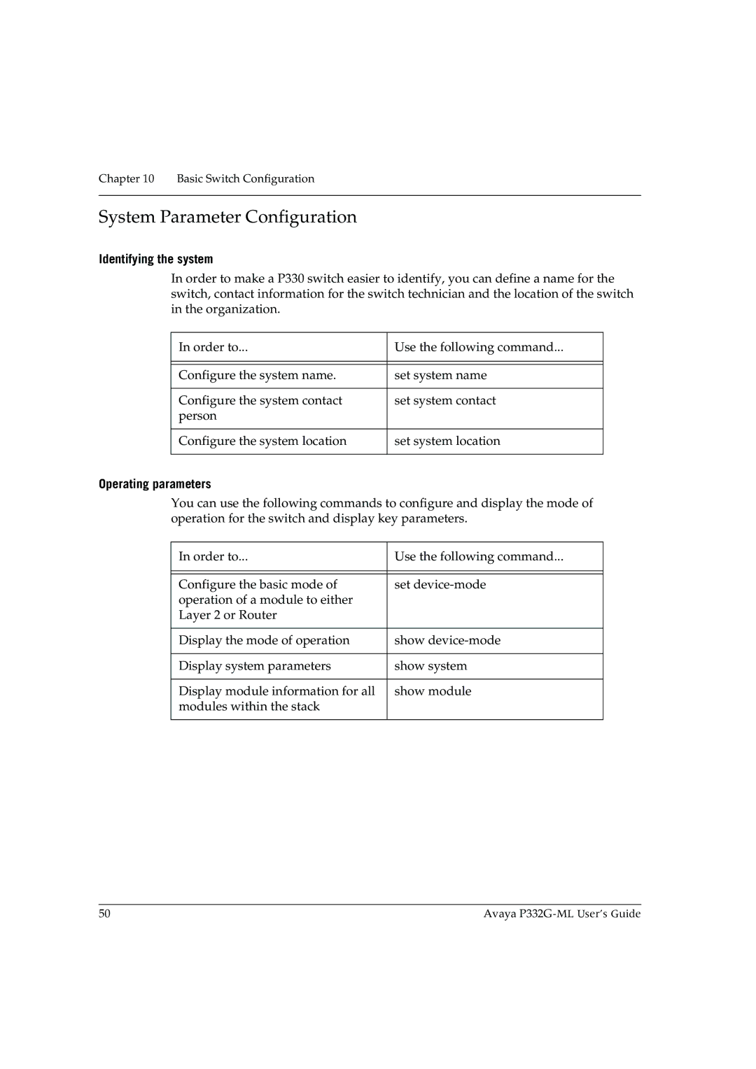 Avaya P332G-ML manual System Parameter Configuration, Identifying the system, Operating parameters 