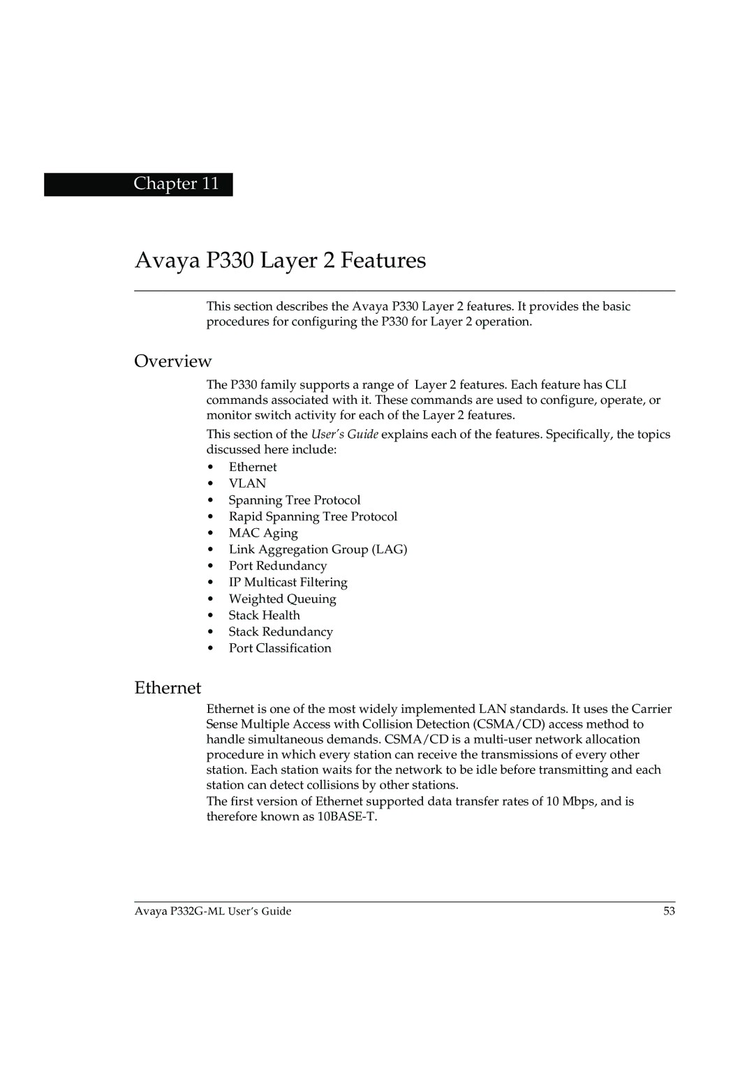 Avaya P332G-ML manual Avaya P330 Layer 2 Features, Overview, Ethernet 