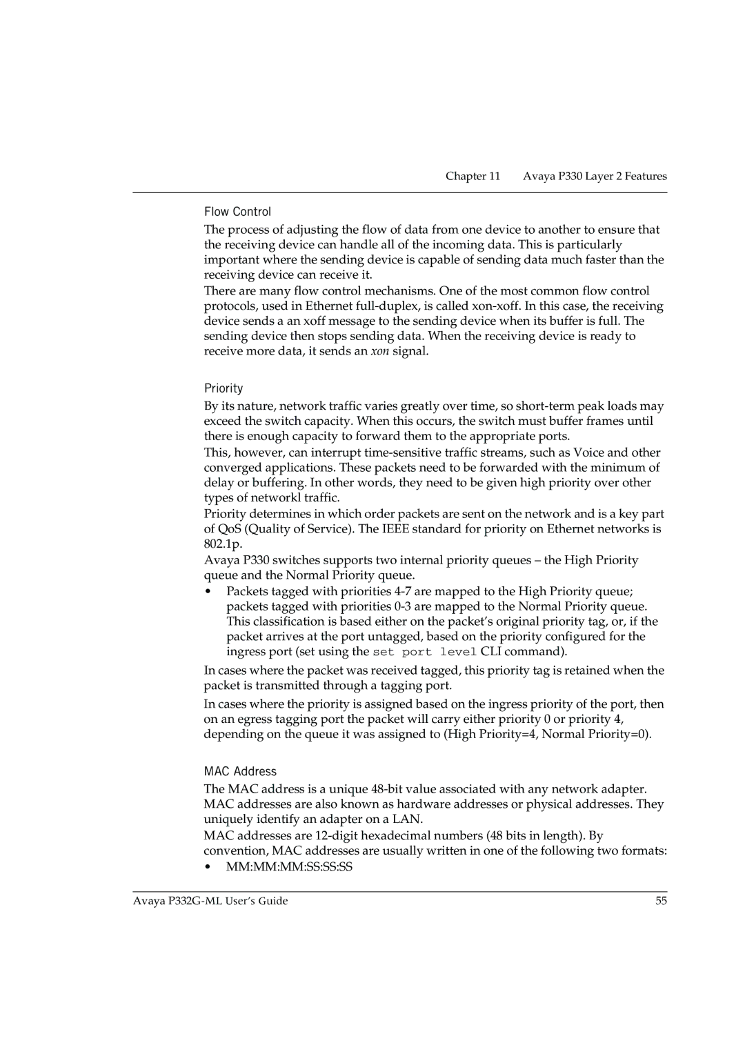 Avaya P332G-ML manual Flow Control, Priority, MAC Address 