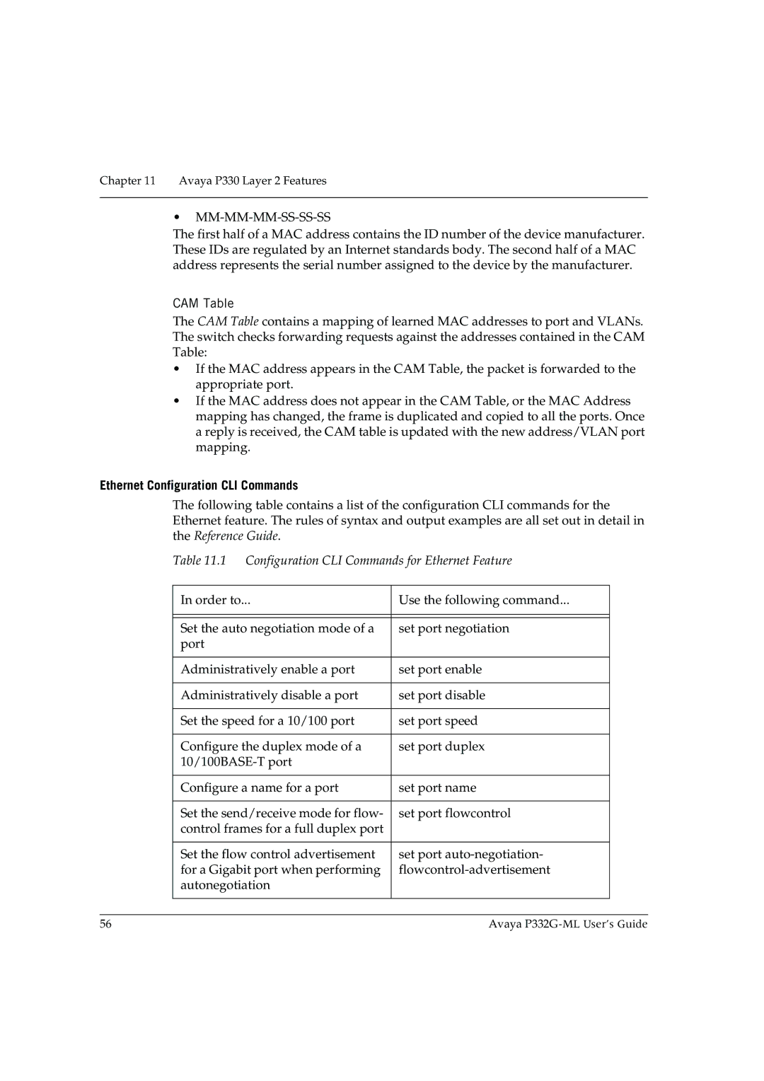 Avaya P332G-ML manual CAM Table, Ethernet Configuration CLI Commands, Configuration CLI Commands for Ethernet Feature 