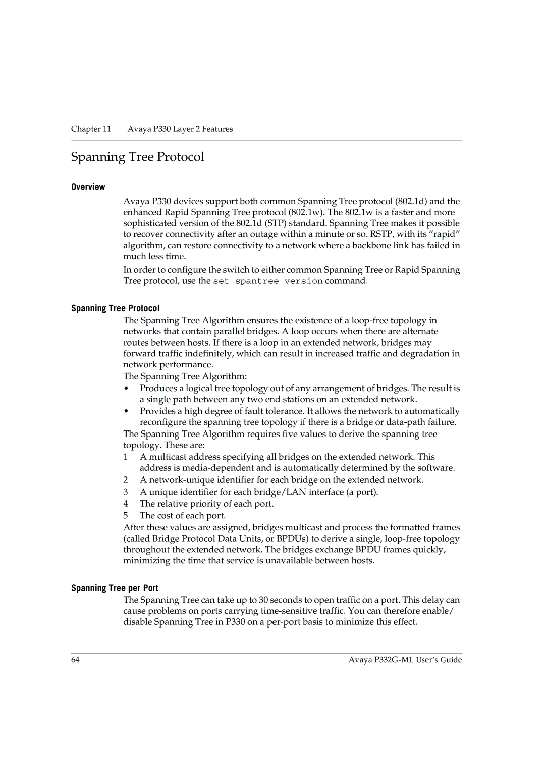 Avaya P332G-ML manual Spanning Tree Protocol, Spanning Tree per Port 