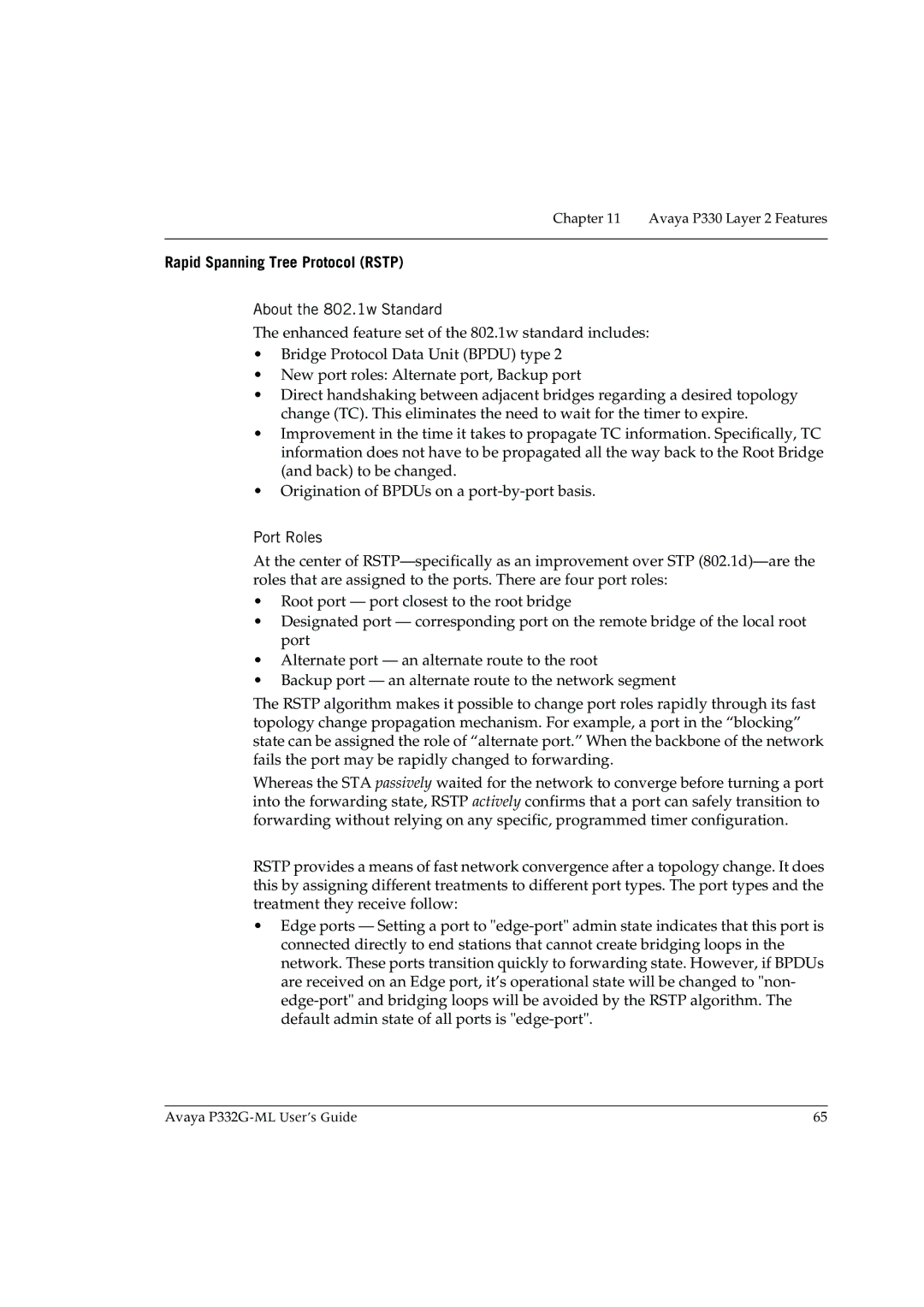 Avaya P332G-ML manual Rapid Spanning Tree Protocol Rstp, About the 802.1w Standard, Port Roles 