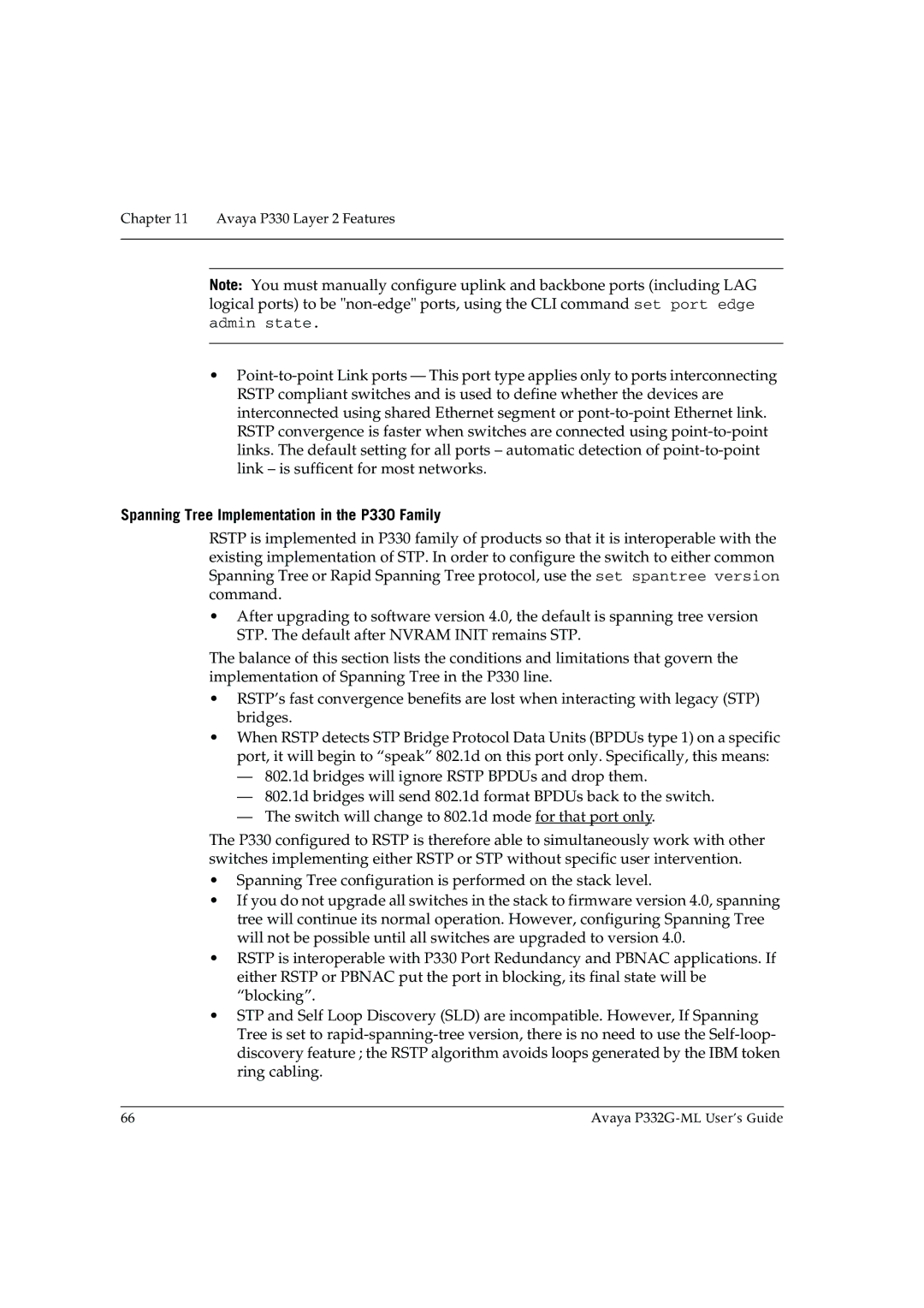 Avaya P332G-ML manual Spanning Tree Implementation in the P330 Family 