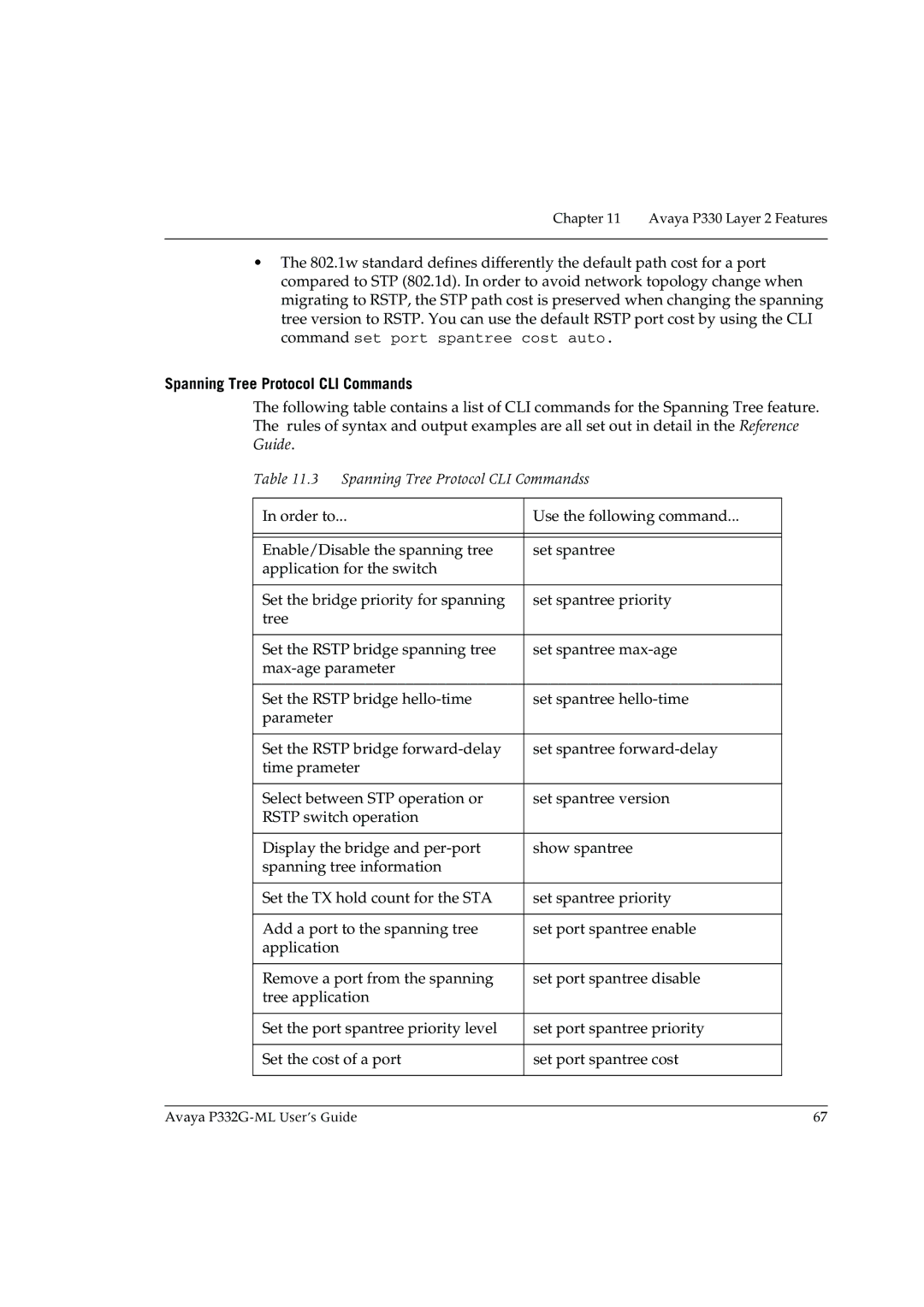 Avaya P332G-ML manual Spanning Tree Protocol CLI Commandss 