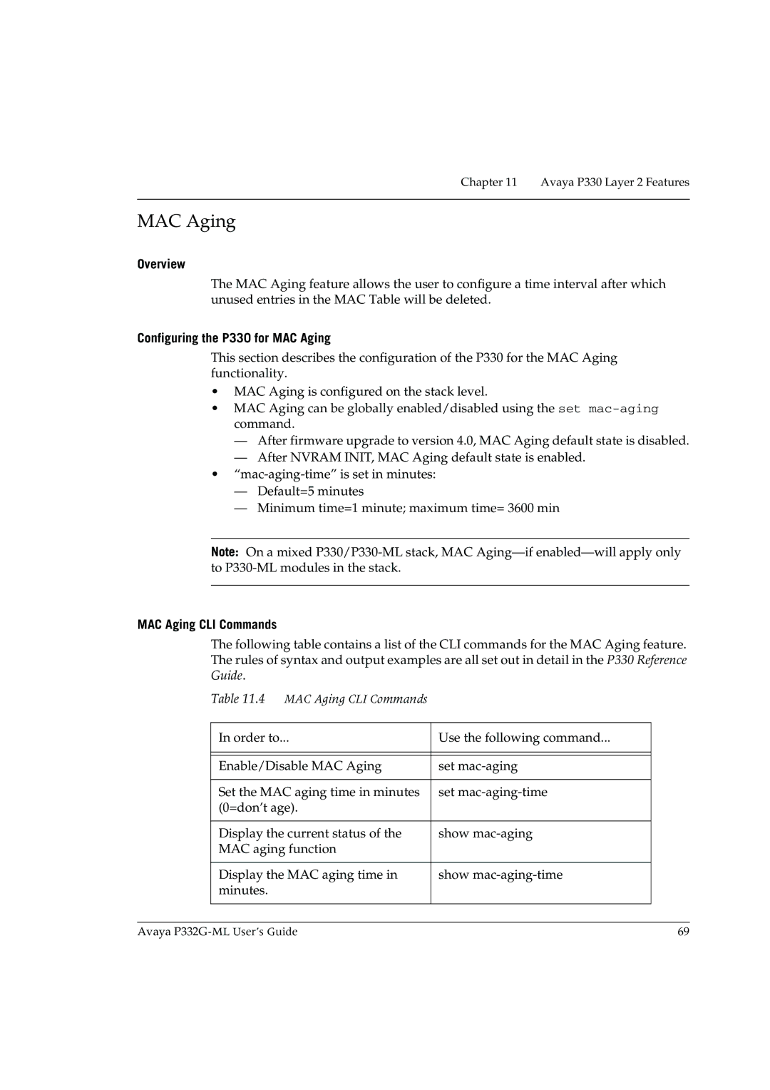 Avaya P332G-ML manual Configuring the P330 for MAC Aging, MAC Aging CLI Commands 