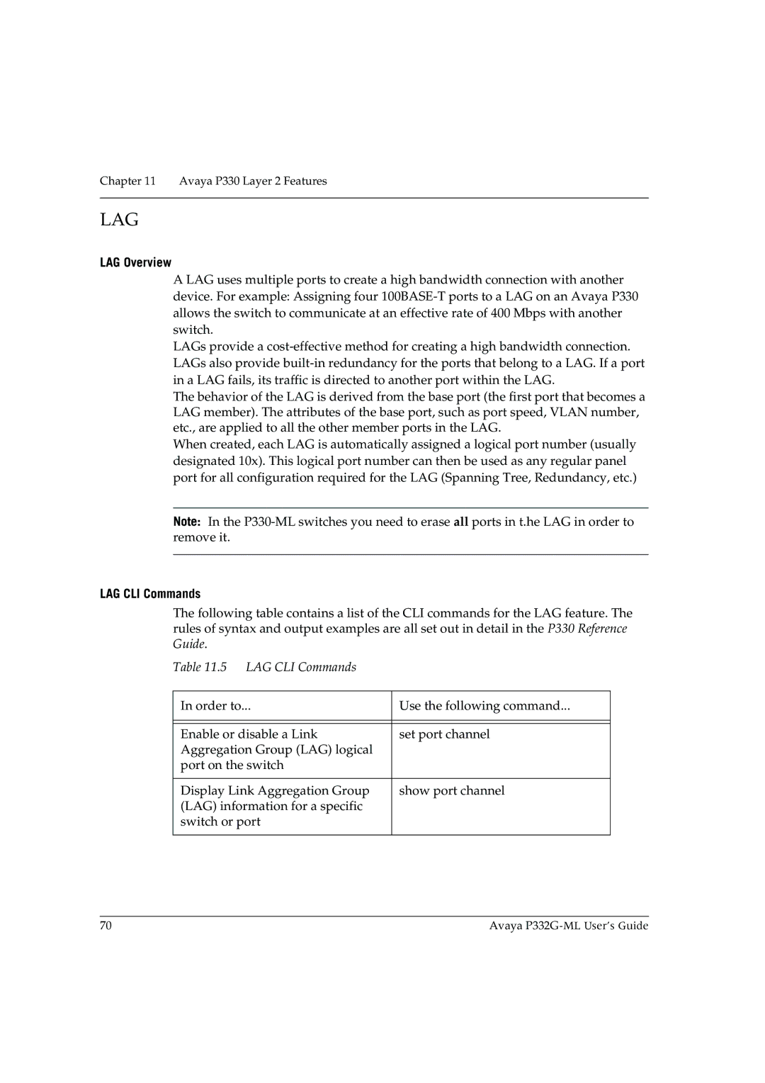 Avaya P332G-ML manual LAG Overview, LAG CLI Commands 