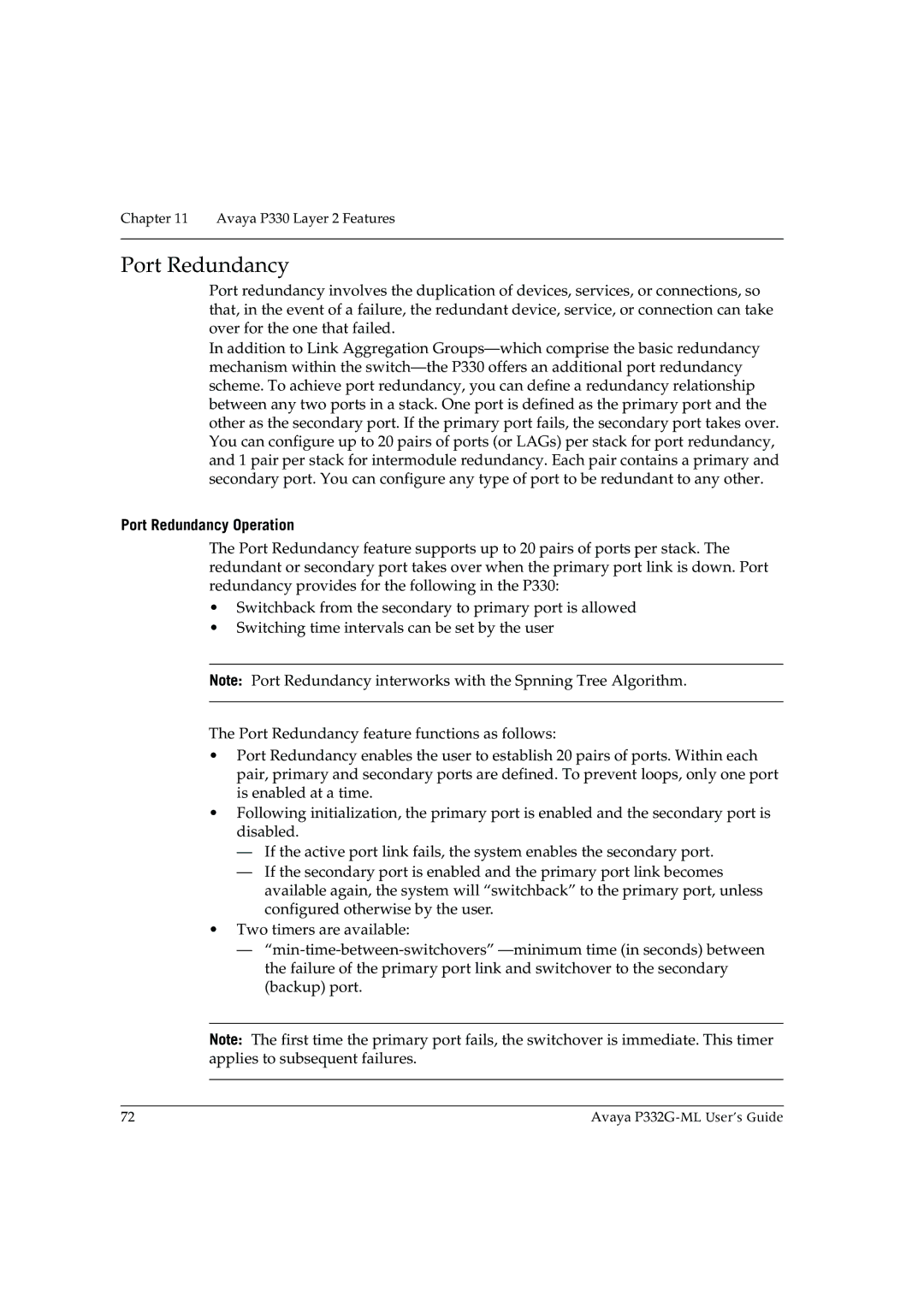 Avaya P332G-ML manual Port Redundancy Operation 