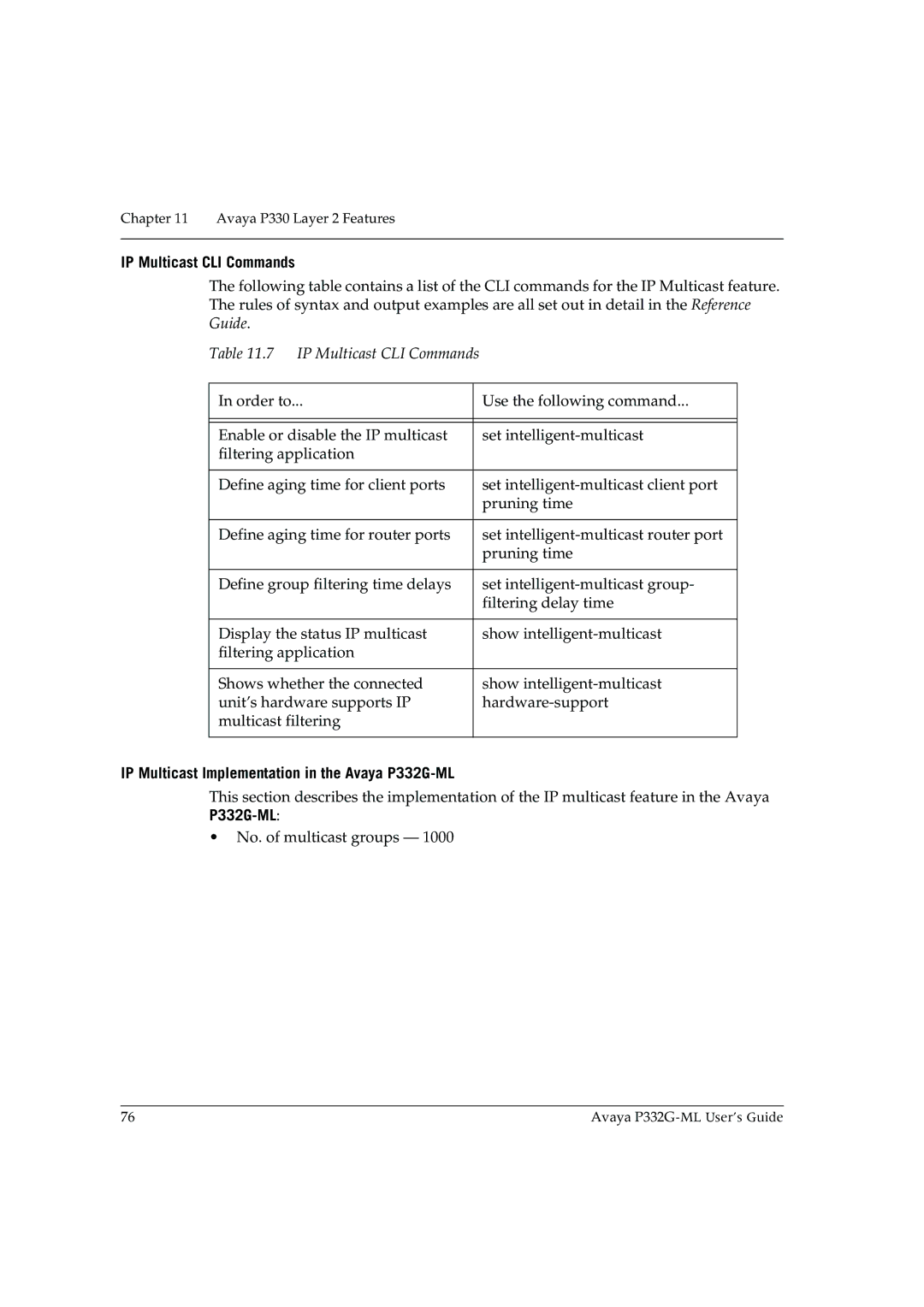 Avaya manual IP Multicast CLI Commands, IP Multicast Implementation in the Avaya P332G-ML 