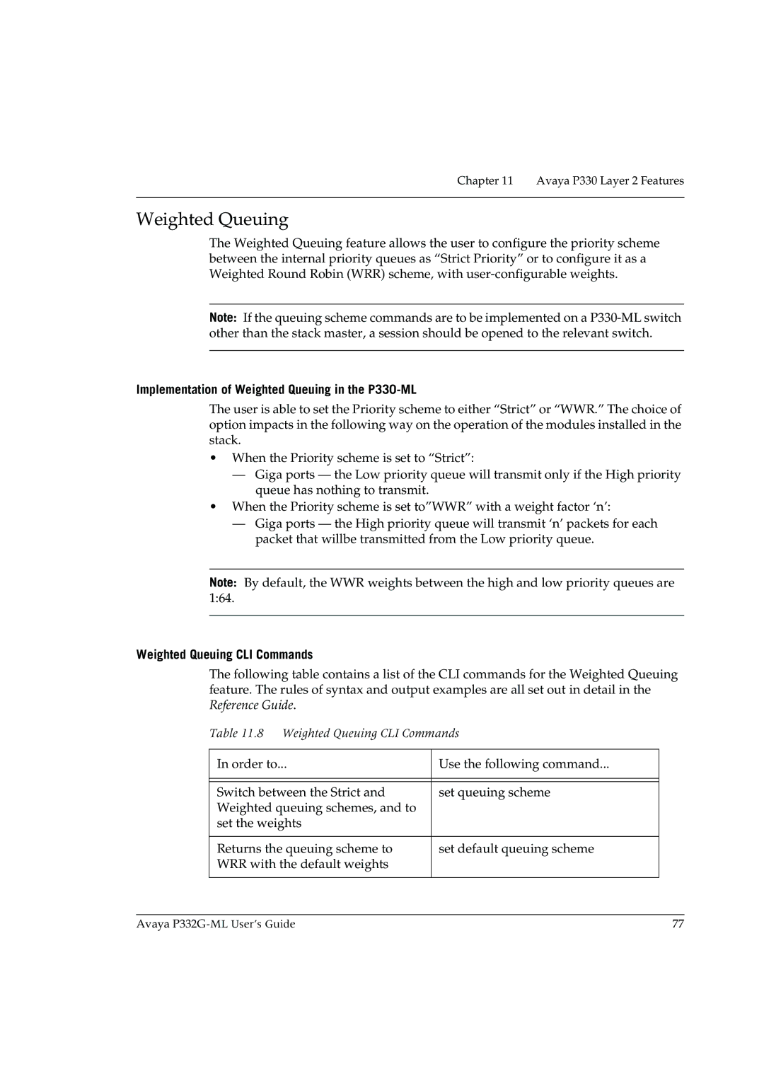 Avaya P332G-ML manual Implementation of Weighted Queuing in the P330-ML, Weighted Queuing CLI Commands 