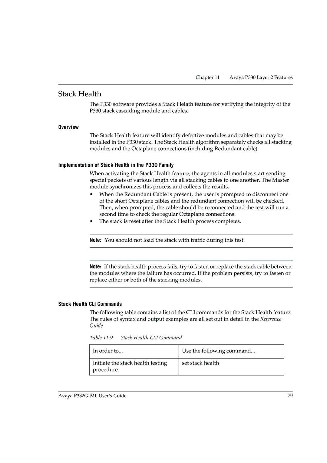 Avaya P332G-ML manual Implementation of Stack Health in the P330 Family, Stack Health CLI Commands 