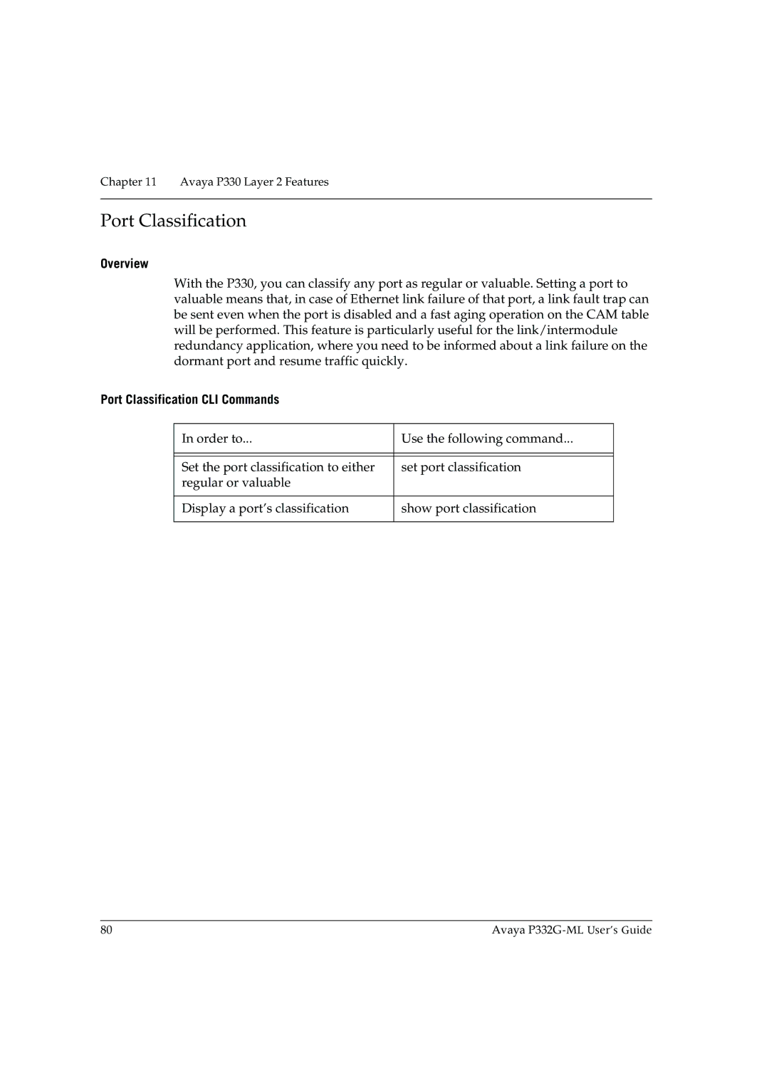 Avaya P332G-ML manual Port Classification CLI Commands 