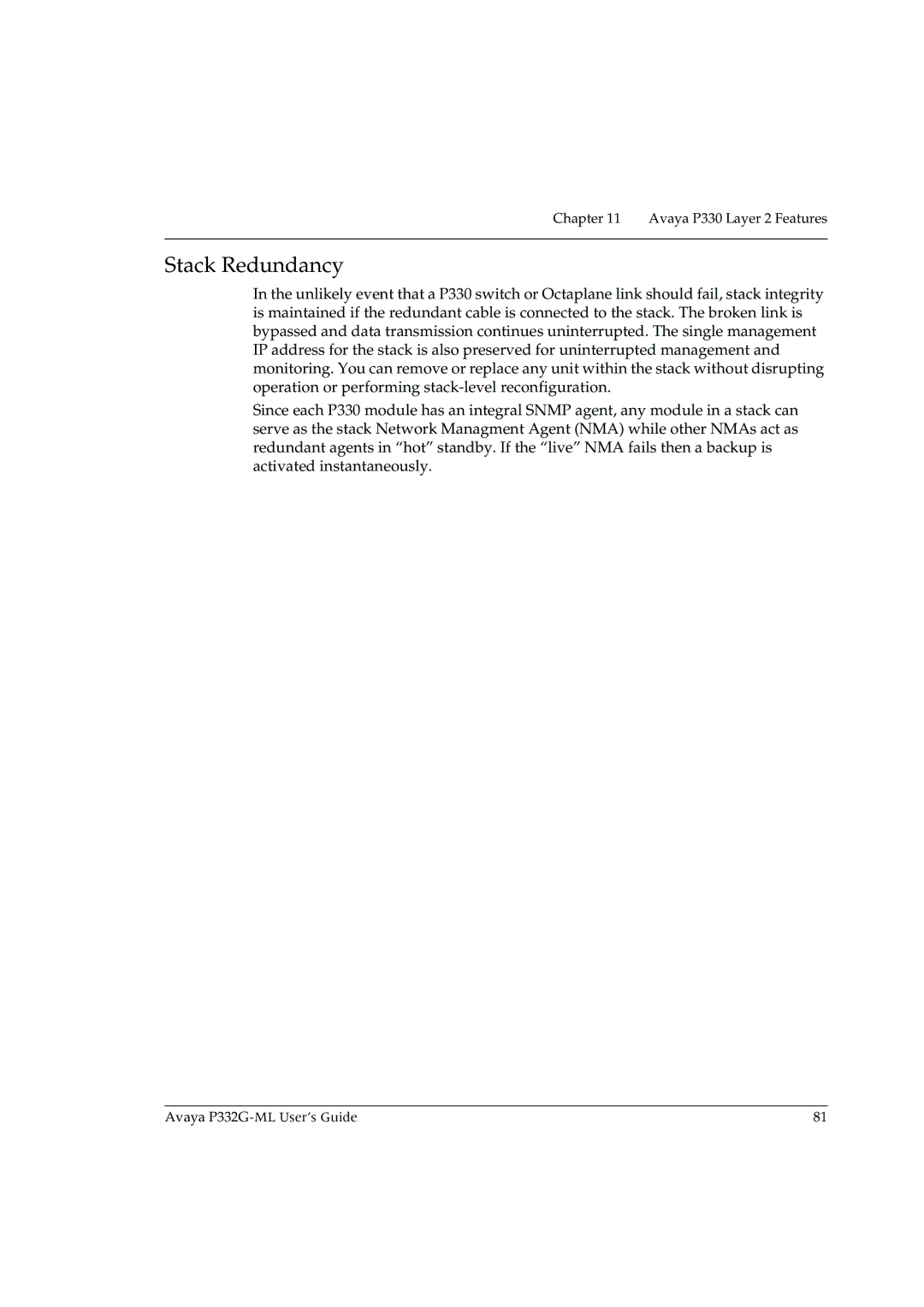 Avaya P332G-ML manual Stack Redundancy 