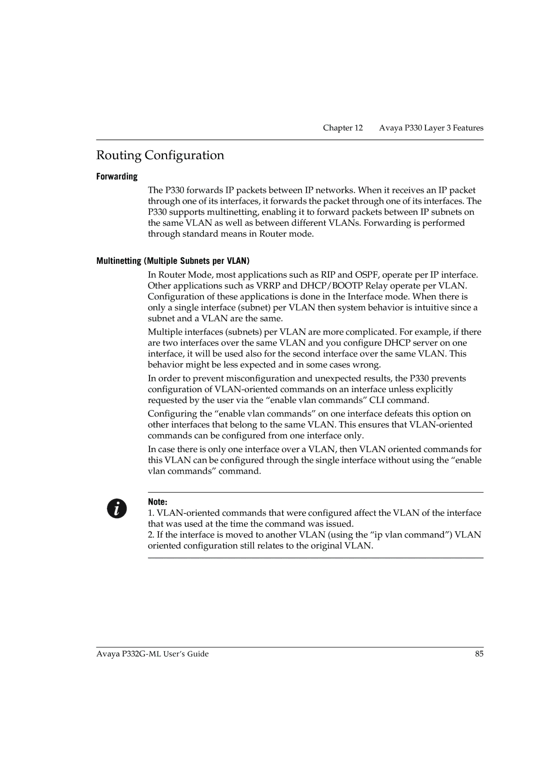 Avaya P332G-ML manual Routing Configuration, Forwarding, Multinetting Multiple Subnets per Vlan 