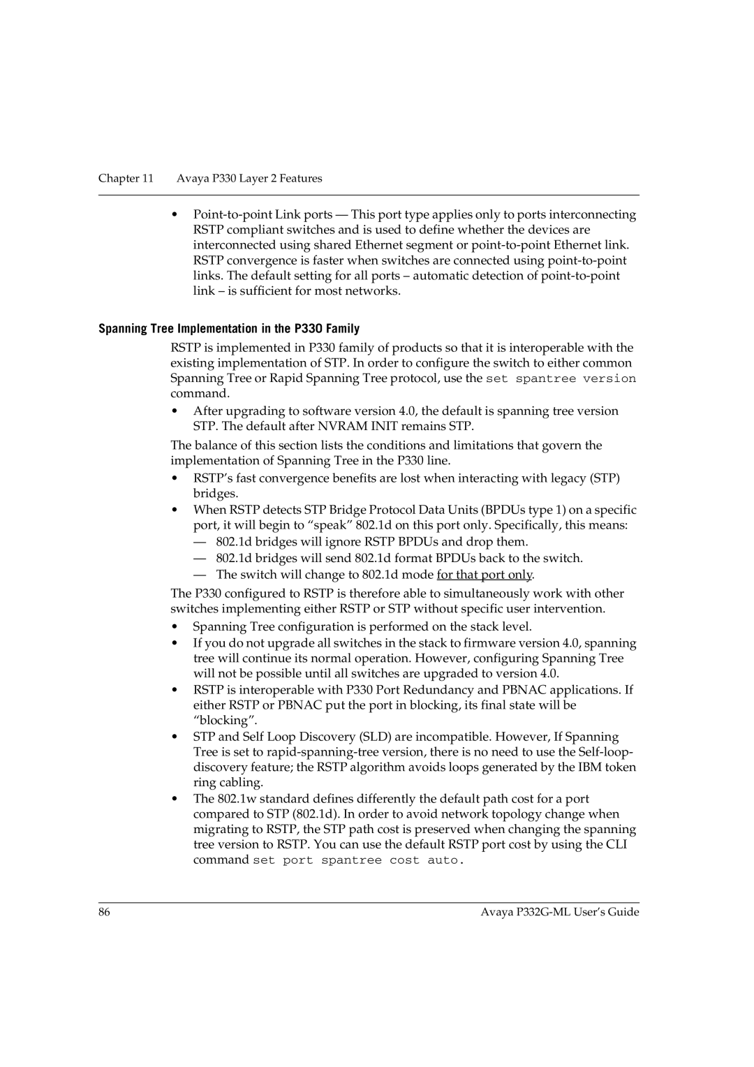 Avaya P332G-ML manual Spanning Tree Implementation in the P330 Family 