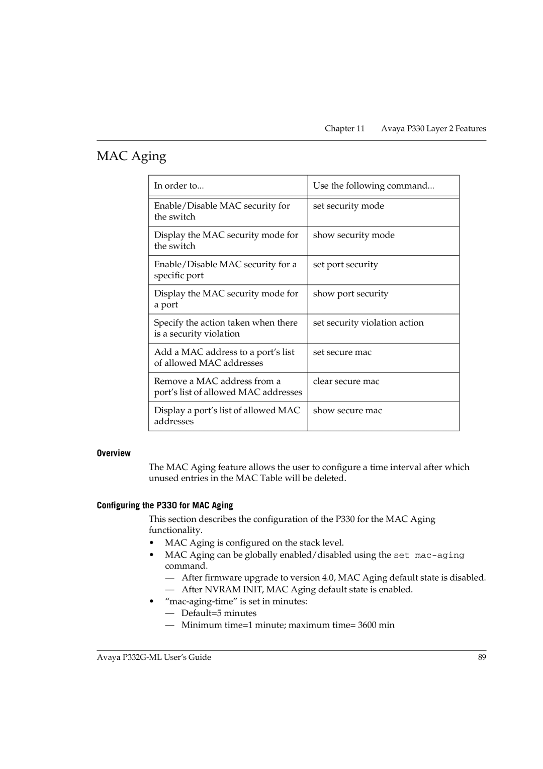 Avaya P332G-ML manual Configuring the P330 for MAC Aging 