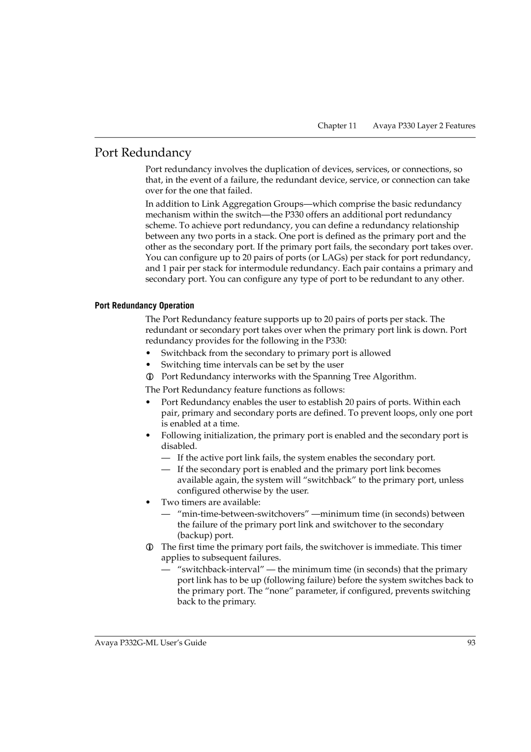 Avaya P332G-ML manual Port Redundancy Operation 