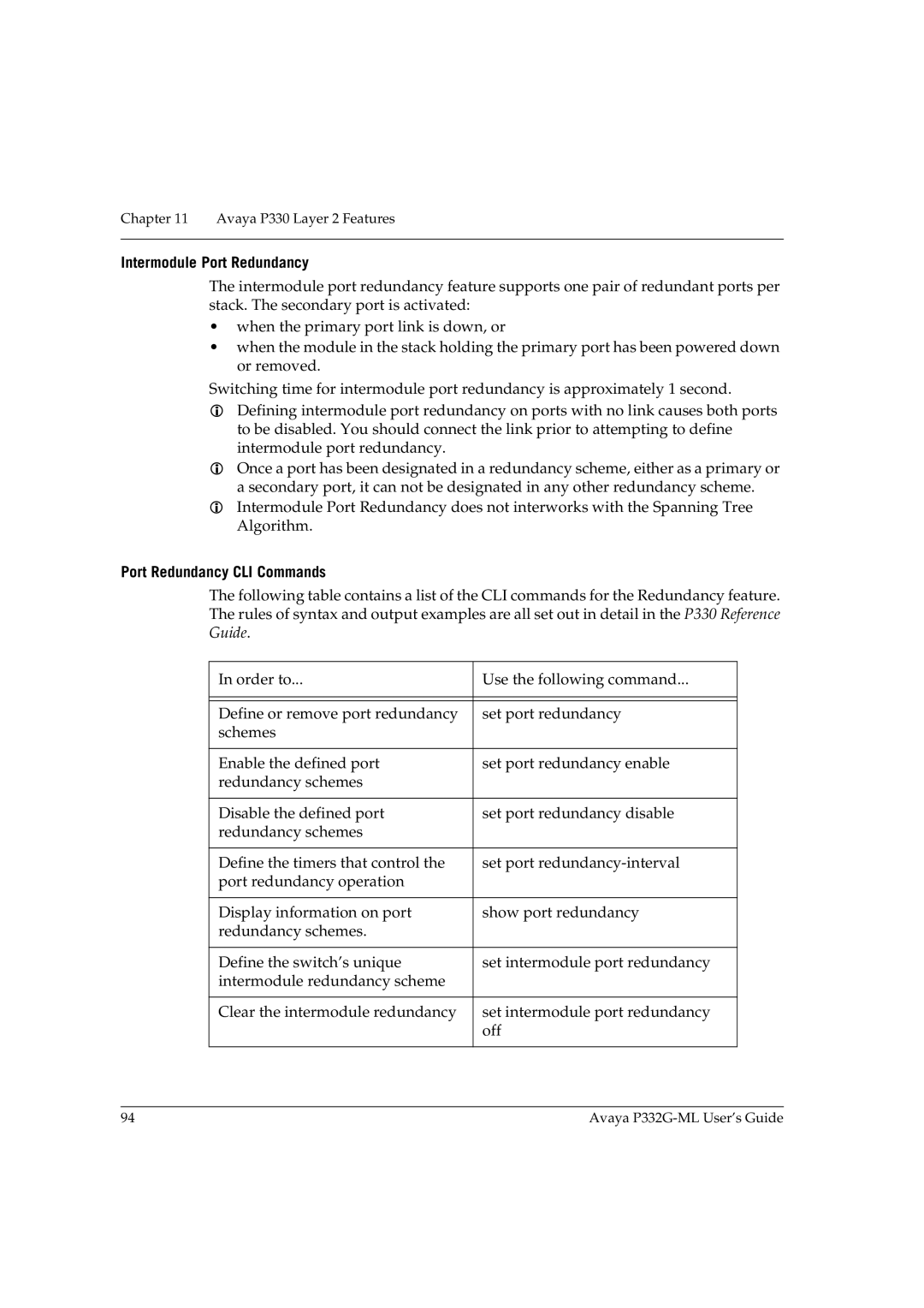 Avaya P332G-ML manual Intermodule Port Redundancy, Port Redundancy CLI Commands 