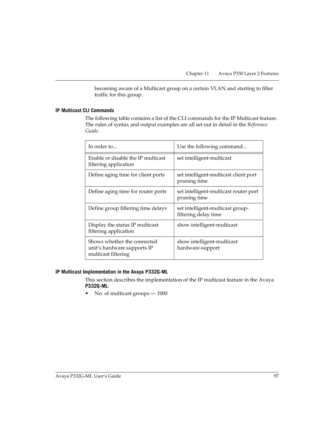 Avaya manual IP Multicast CLI Commands, IP Multicast Implementation in the Avaya P332G-ML 