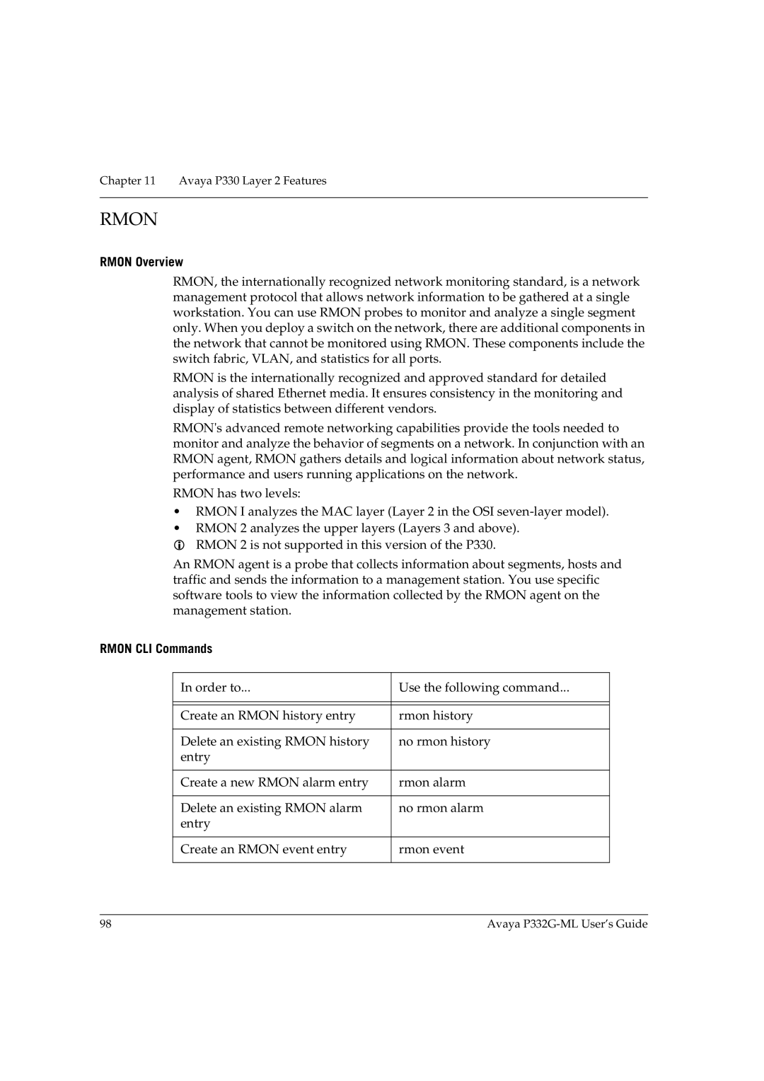 Avaya P332G-ML manual Rmon Overview, Rmon CLI Commands 