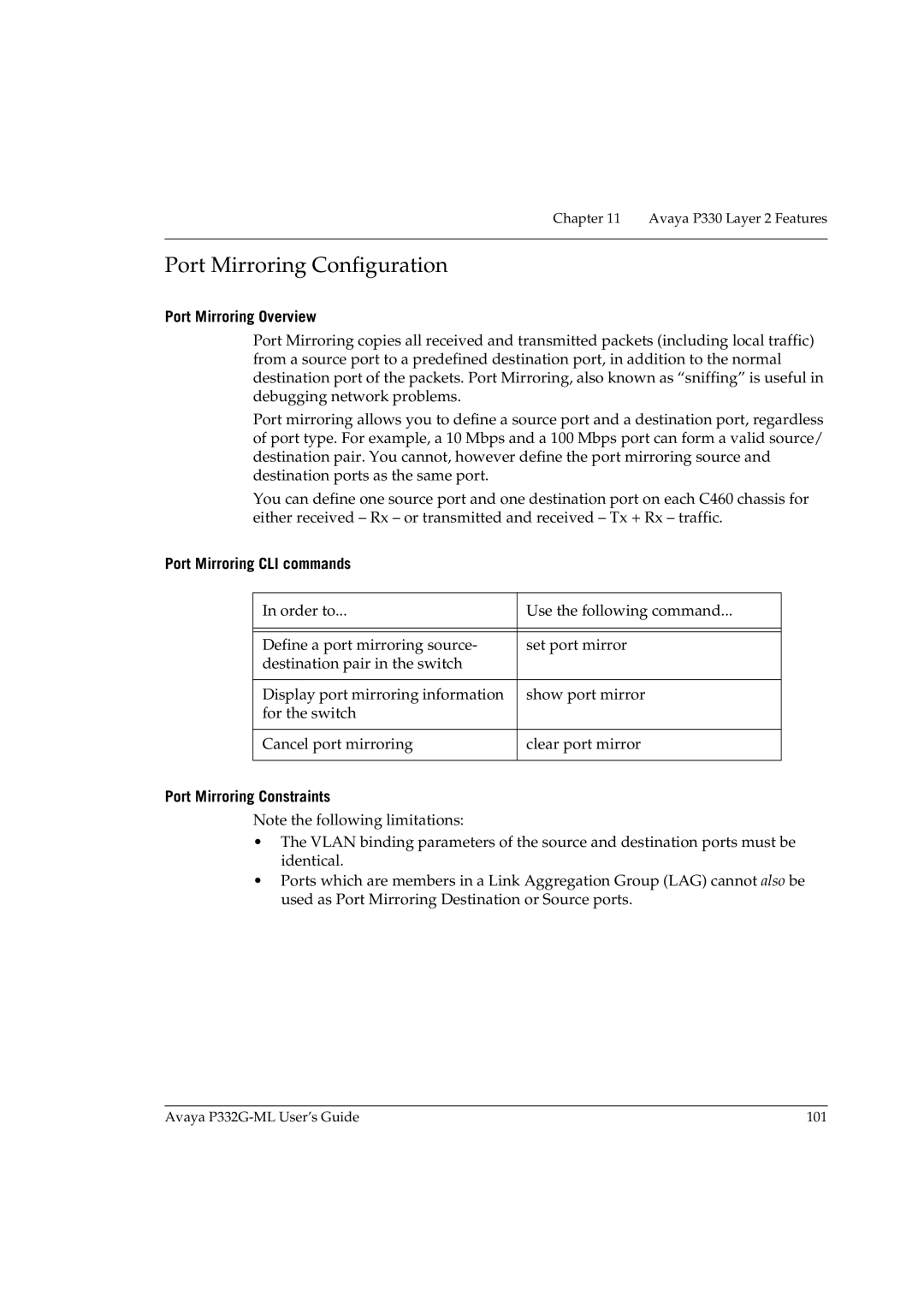 Avaya P332G-ML manual Port Mirroring Configuration, Port Mirroring Overview, Port Mirroring CLI commands 