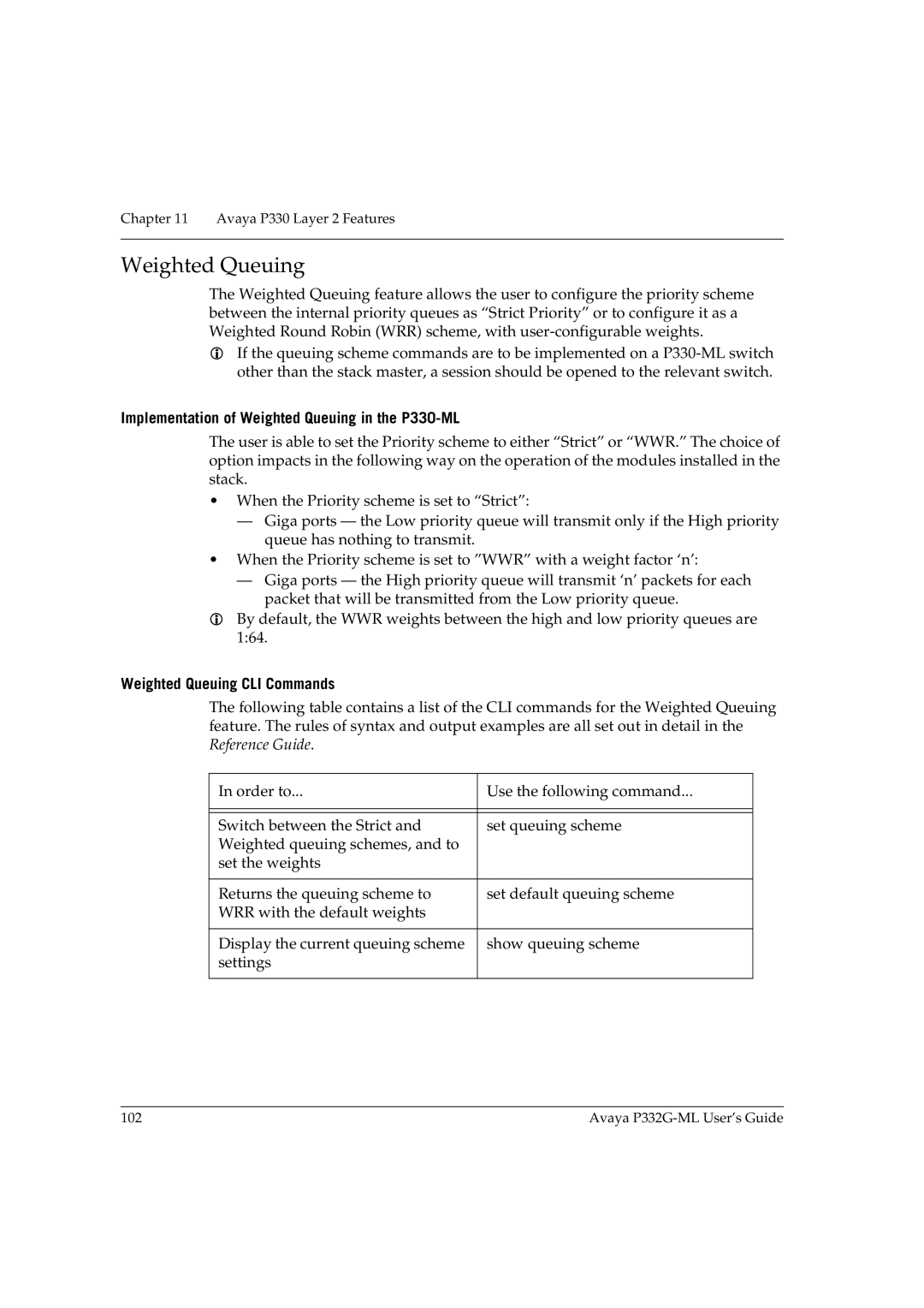 Avaya P332G-ML manual Implementation of Weighted Queuing in the P330-ML, Weighted Queuing CLI Commands 