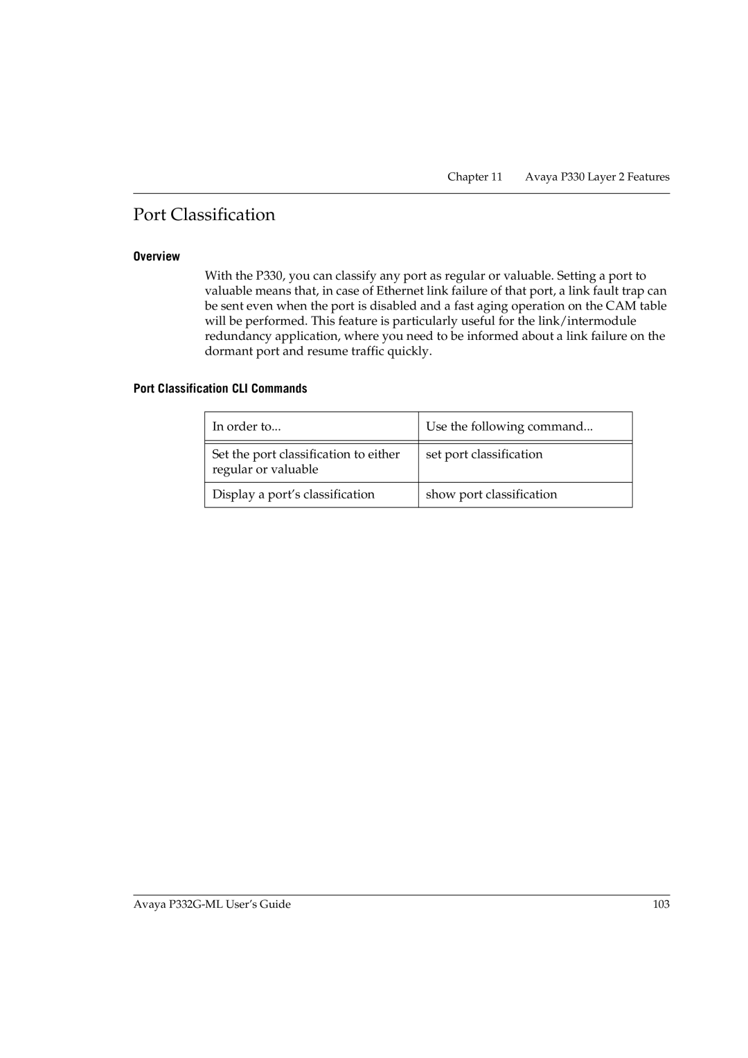 Avaya P332G-ML manual Port Classification CLI Commands 