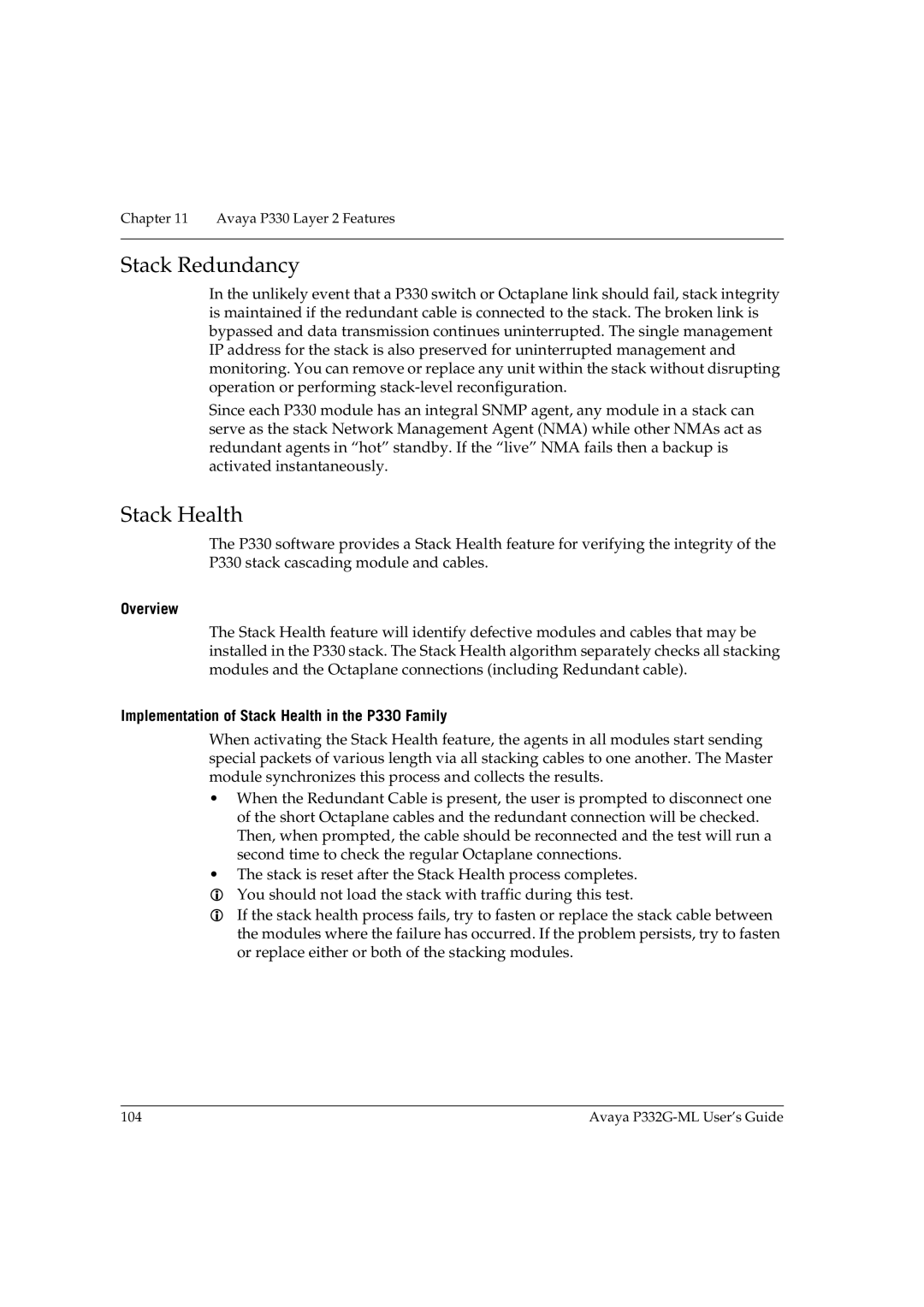 Avaya P332G-ML manual Stack Redundancy, Implementation of Stack Health in the P330 Family 