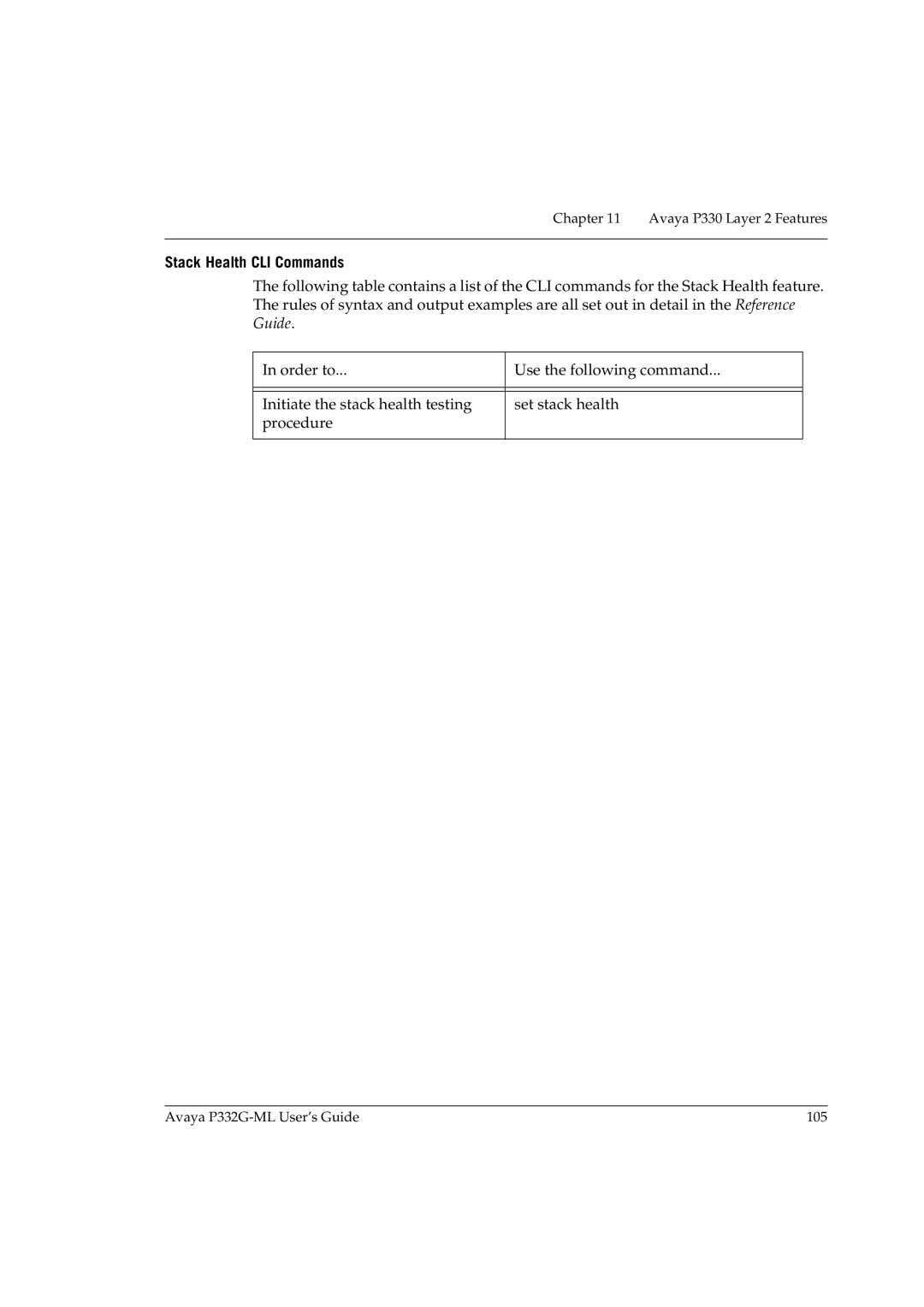 Avaya P332G-ML manual Stack Health CLI Commands 