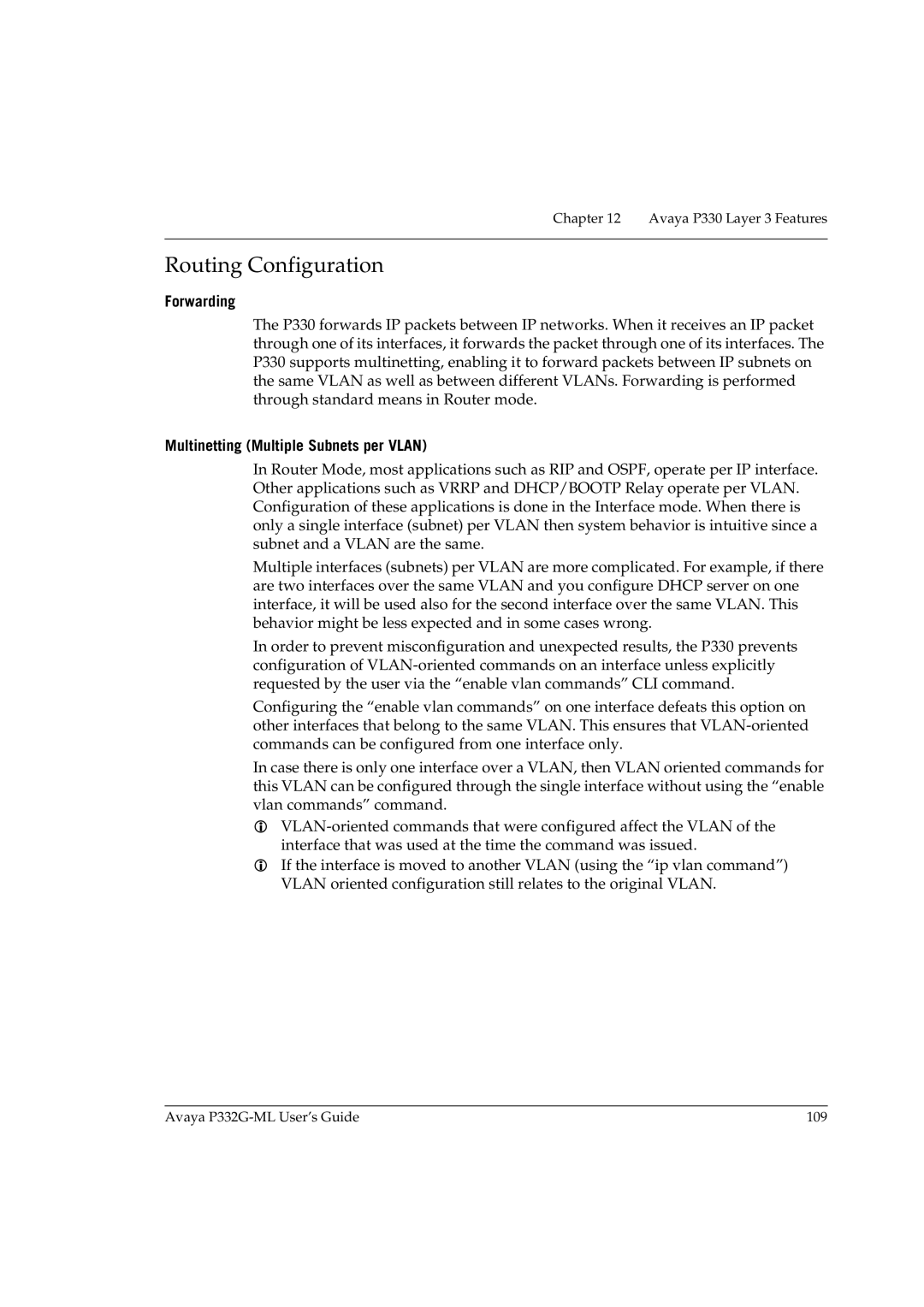 Avaya P332G-ML manual Routing Configuration, Forwarding, Multinetting Multiple Subnets per Vlan 