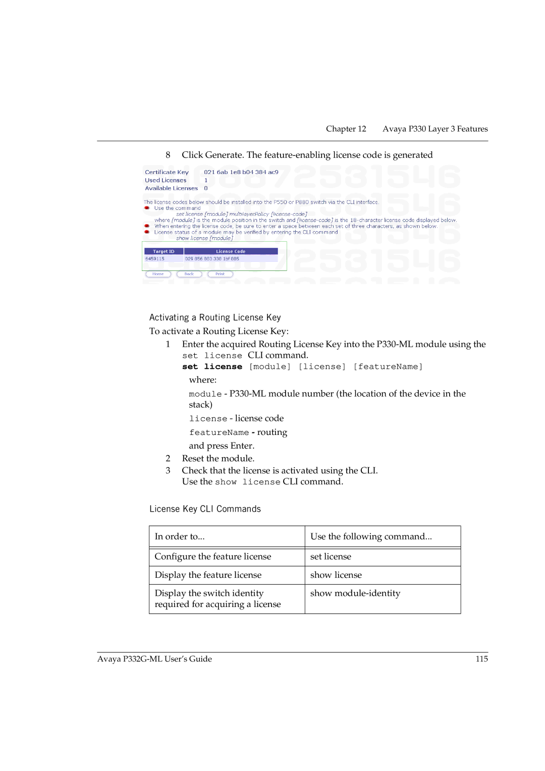 Avaya P332G-ML manual Activating a Routing License Key, License Key CLI Commands 