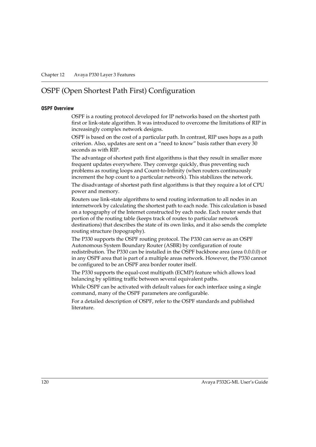 Avaya P332G-ML manual Ospf Open Shortest Path First Configuration, Ospf Overview 