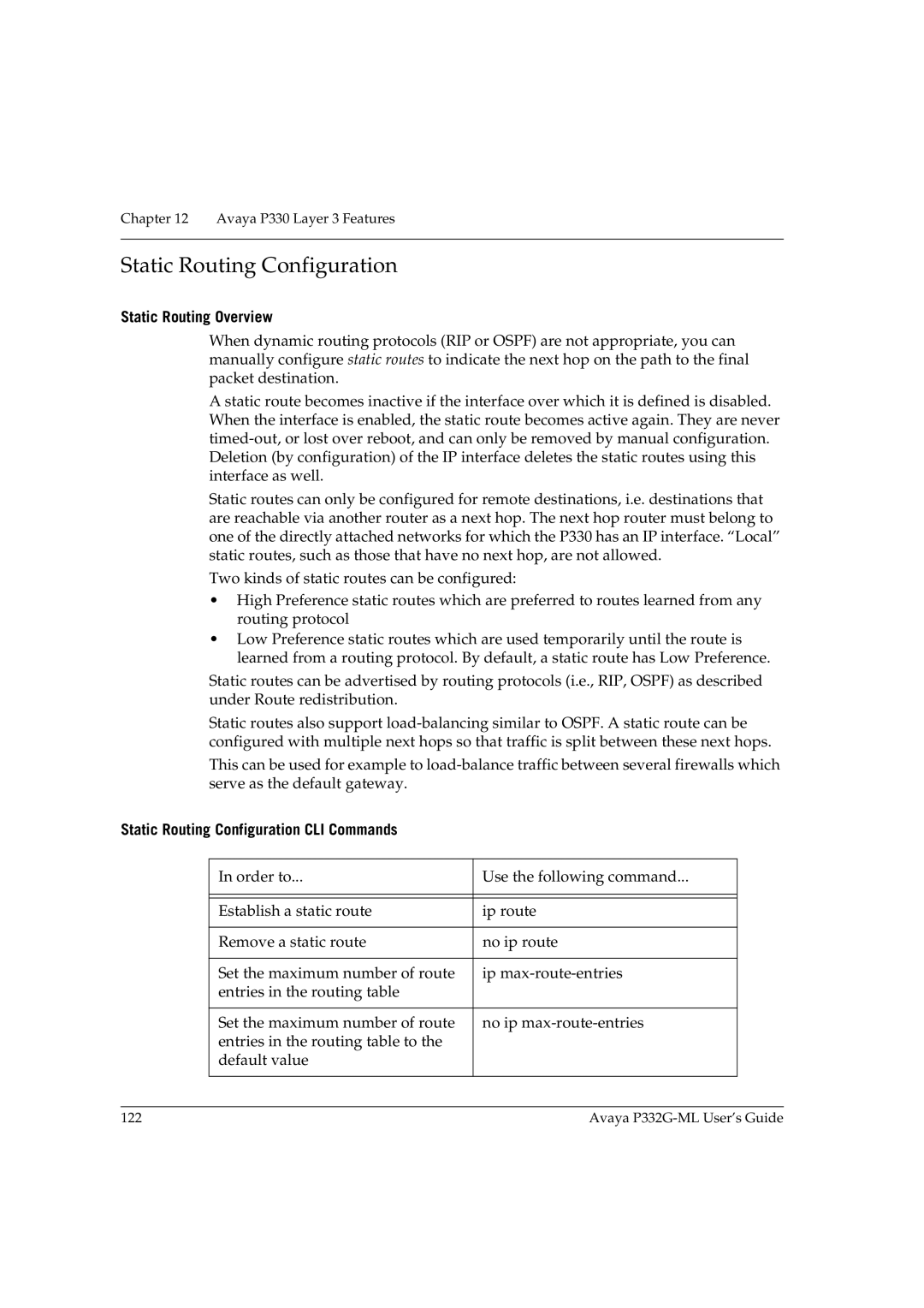 Avaya P332G-ML manual Static Routing Overview, Static Routing Configuration CLI Commands 