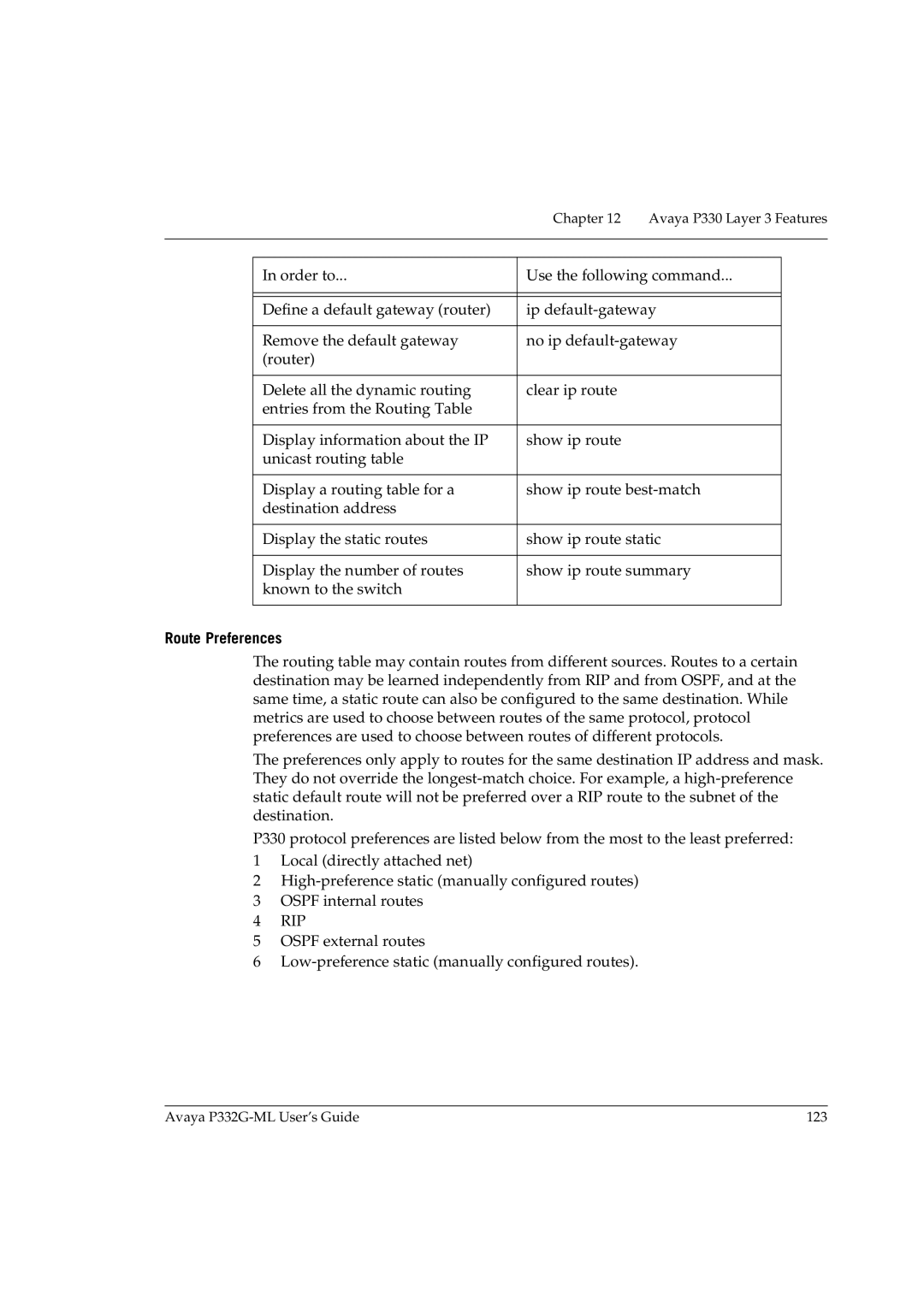 Avaya P332G-ML manual Route Preferences, Rip 