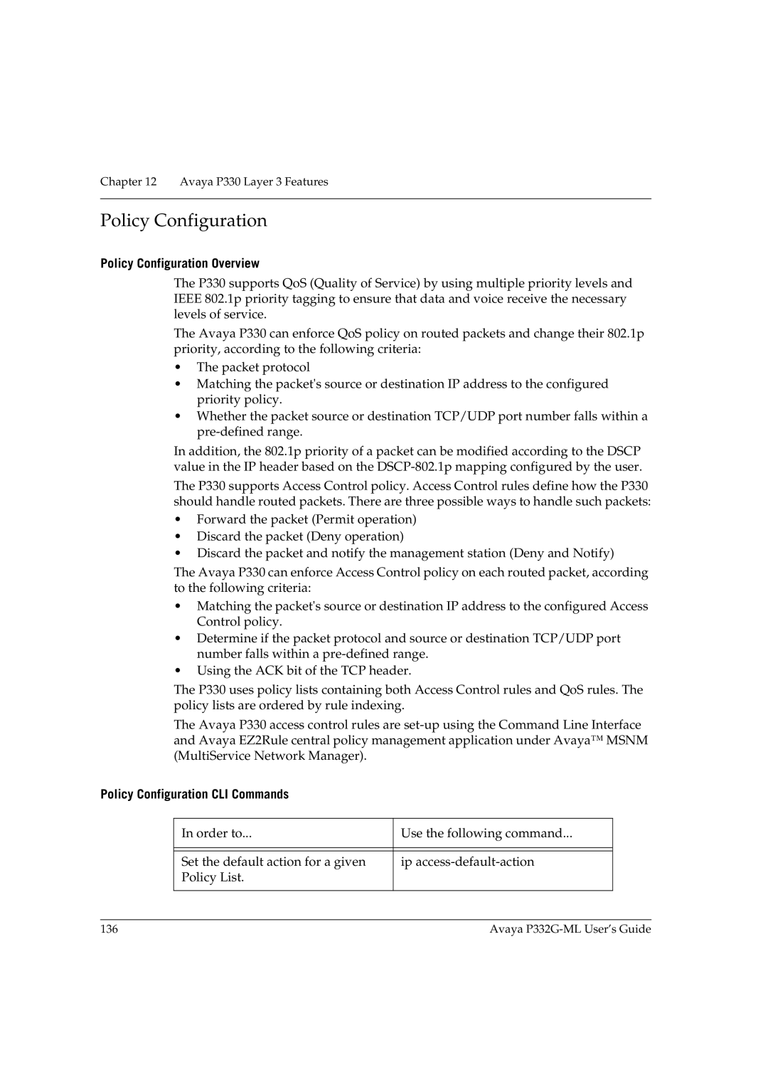 Avaya P332G-ML manual Policy Configuration Overview, Policy Configuration CLI Commands 