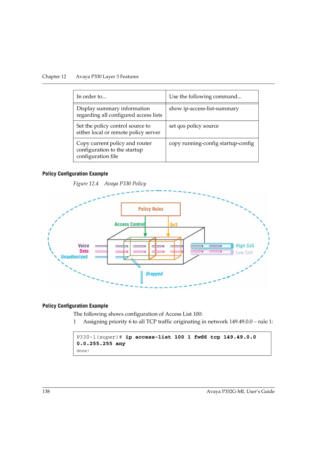 Avaya P332G-ML manual Policy Configuration Example, Avaya P330 Policy 