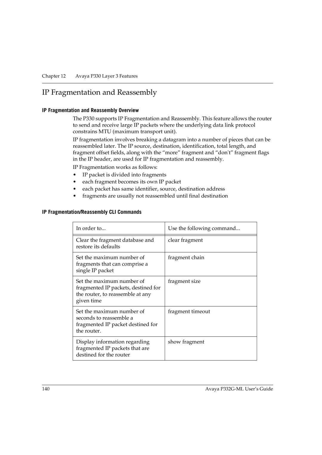 Avaya P332G-ML manual IP Fragmentation and Reassembly Overview, IP Fragmentation/Reassembly CLI Commands 