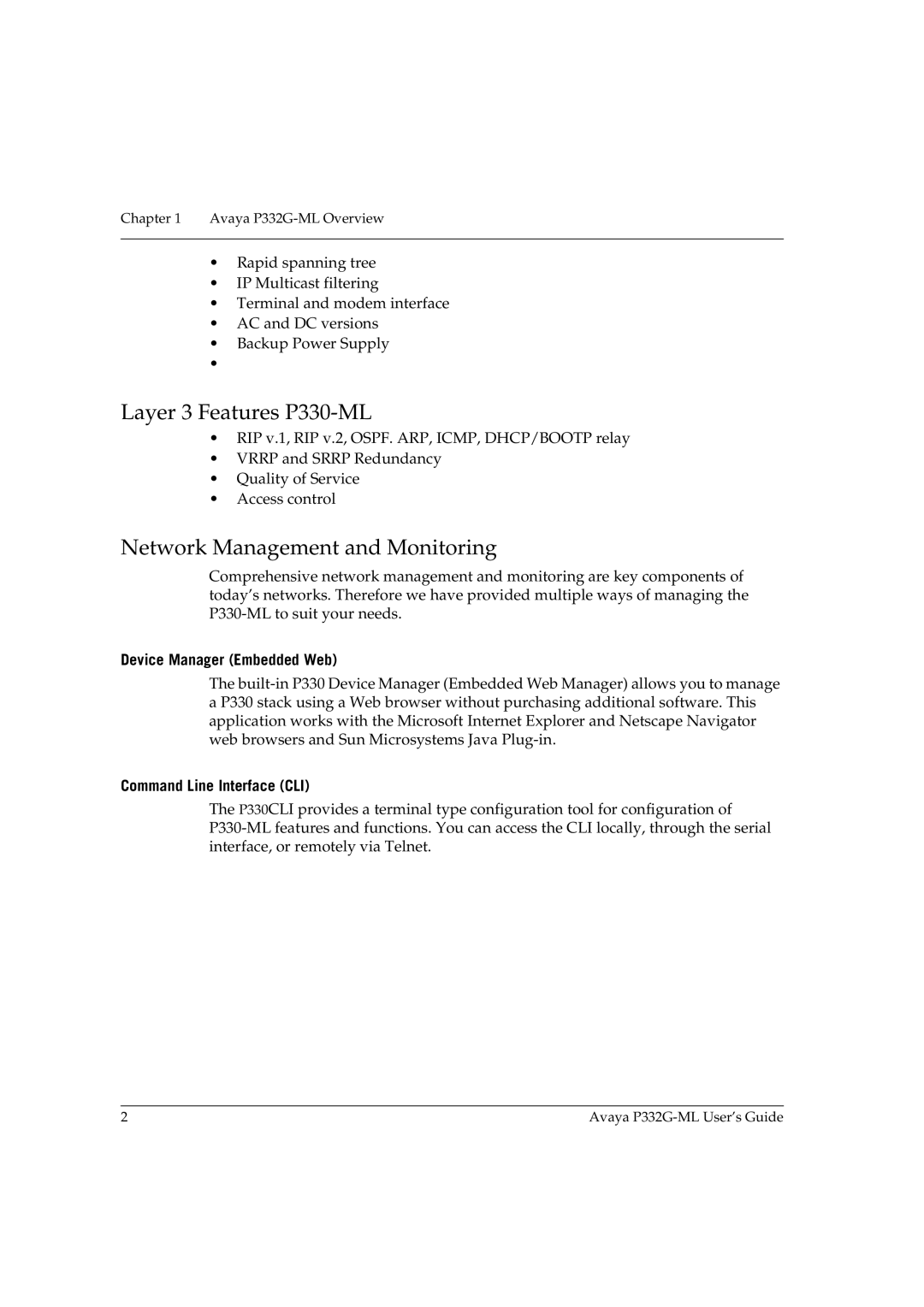 Avaya P332G-ML manual Layer 3 Features P330-ML, Network Management and Monitoring, Device Manager Embedded Web 