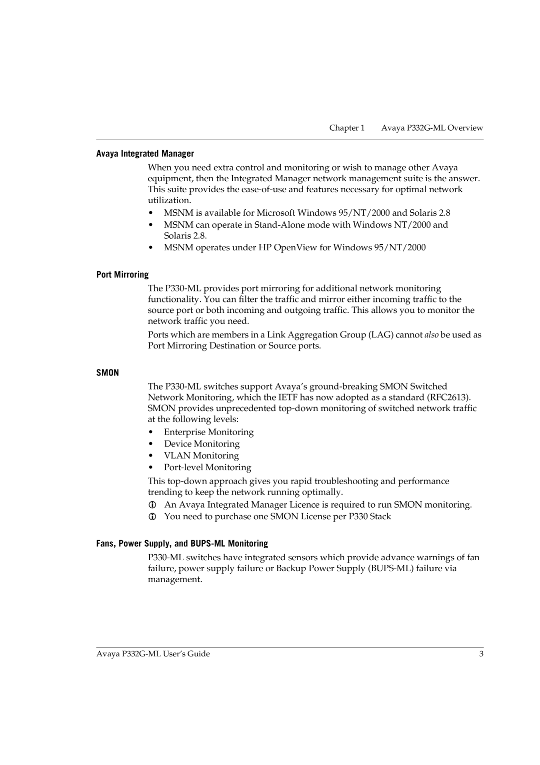 Avaya P332G-ML manual Avaya Integrated Manager, Port Mirroring, Fans, Power Supply, and BUPS-ML Monitoring 